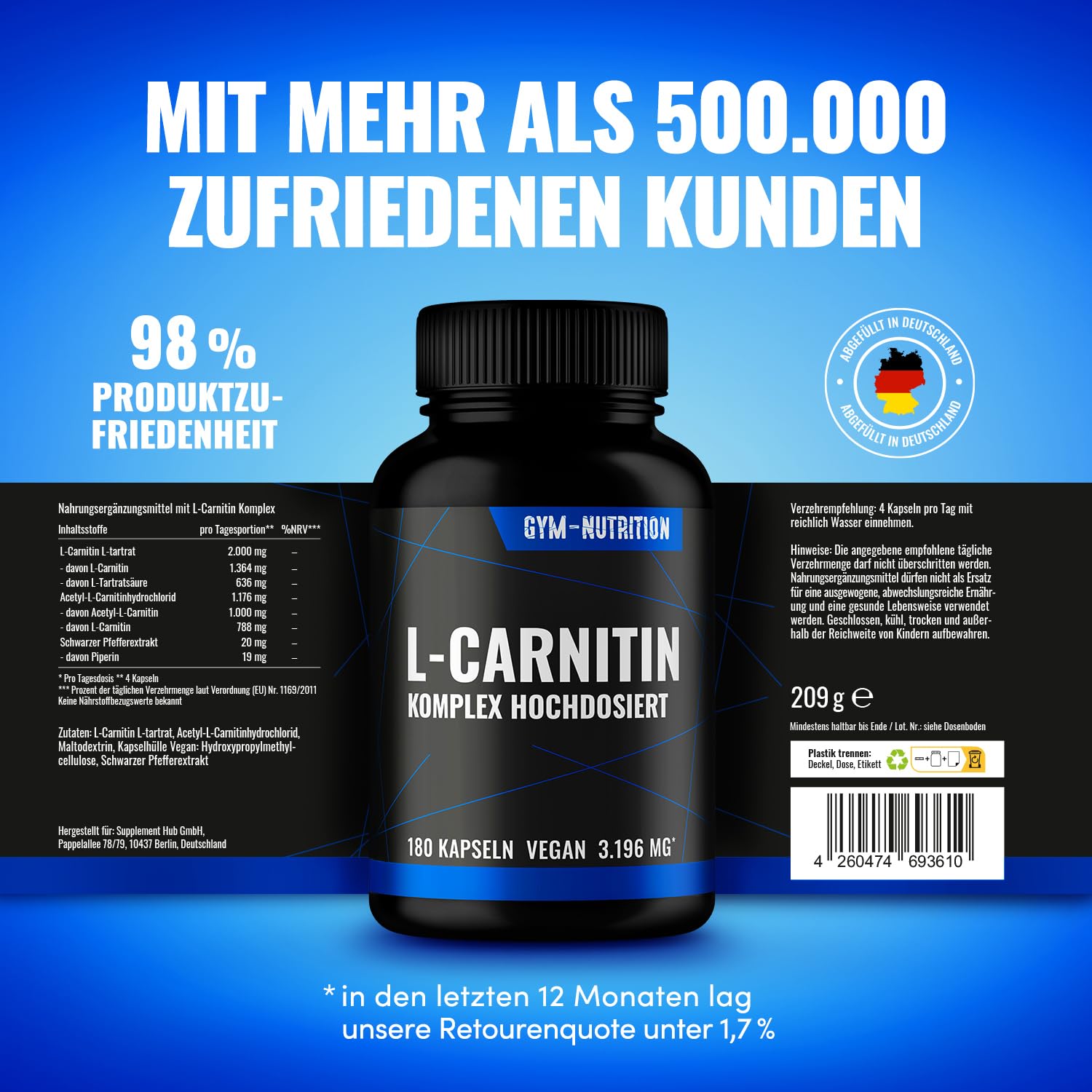 L-Carnitin Dreifach Komplex 3196mg 180 Kapseln hochdosiert – L-Carnitine Tartrat, Acetyl-L-Carnitin, Schwarzer Pfeffer – vegan Drogerie & Körperpflege