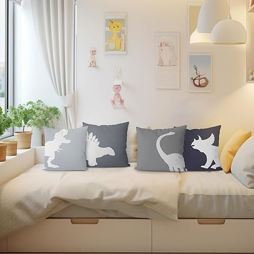 Miniatura 5 de Fundas de almohada de dinosaurio KEUSPI, fundas de almohada de dino de 18x18, juego de 4, decoración de habitación de dinosaurios para niños, funda