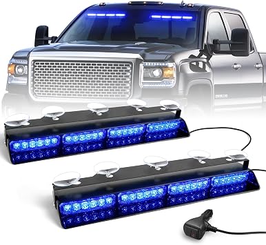 HLauto 6Z4J Emergency Dash Strobe Lights 2x16.8 inch Blue Safety Lights, 48 LED Flashing Warning Hazard Interior Windshield Visor Traffic Light Bar for Trucks, Construction Vehicles