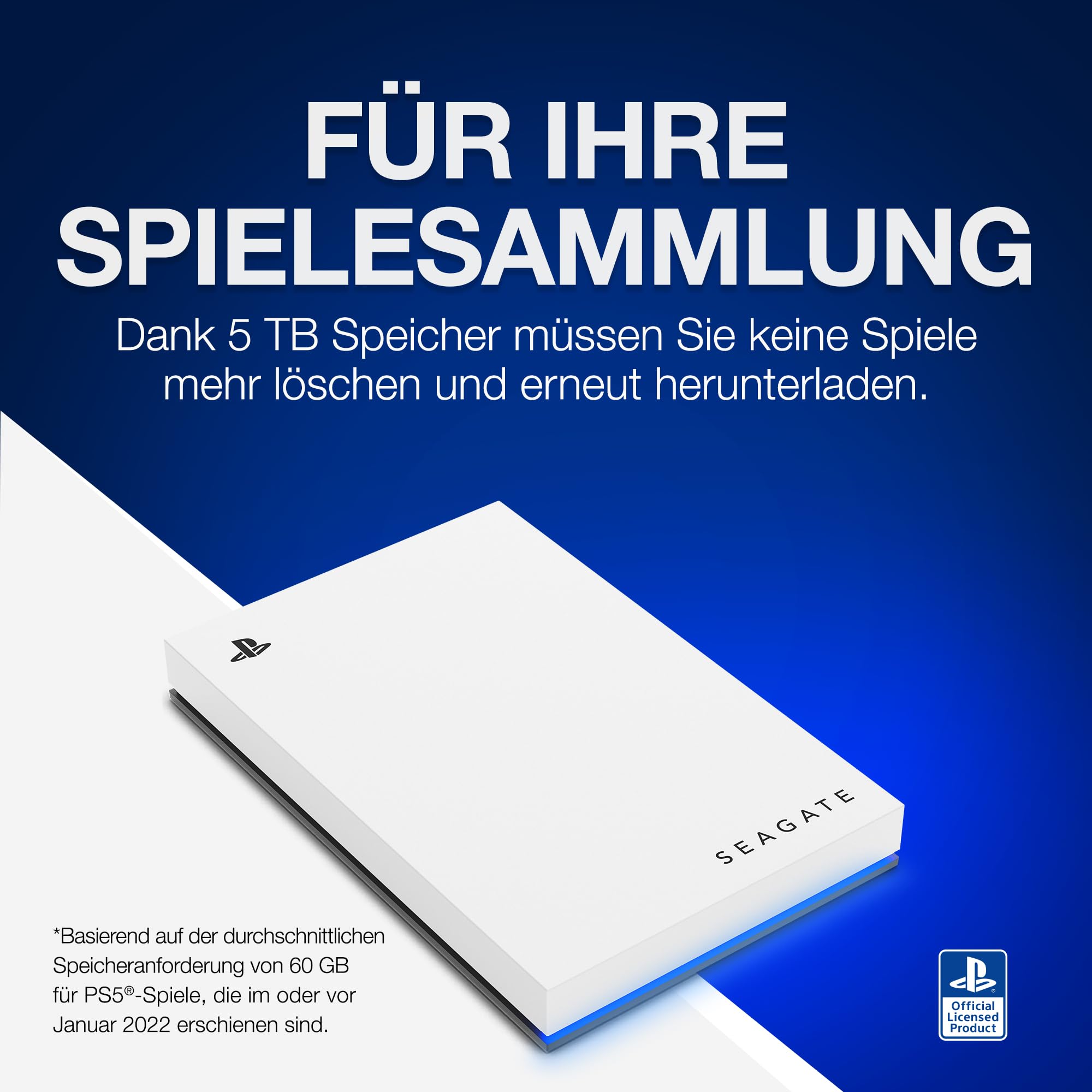 Seagate Game Drive PS4/PS5, 5TB, tragbare externe Festplatte, 2.5 Zoll, USB 3.0, weiß, LED blau, Plug and Play, Modellnr.: STLV5000200