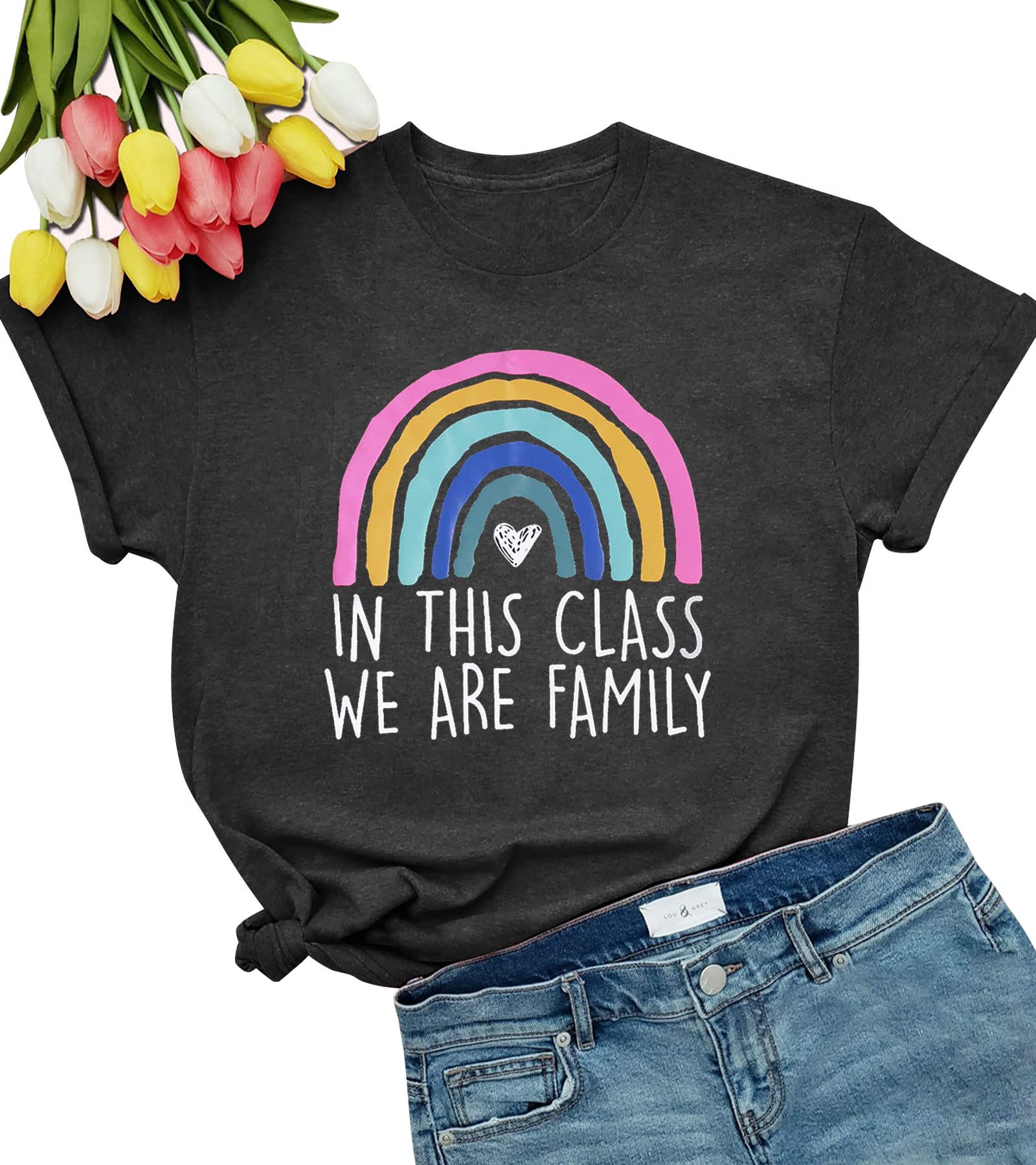 Teacher Shirts for Women Cut Rainbow in This Class We are Family Graphic Tee Teachers Gift Teach Inspire T-Shirt