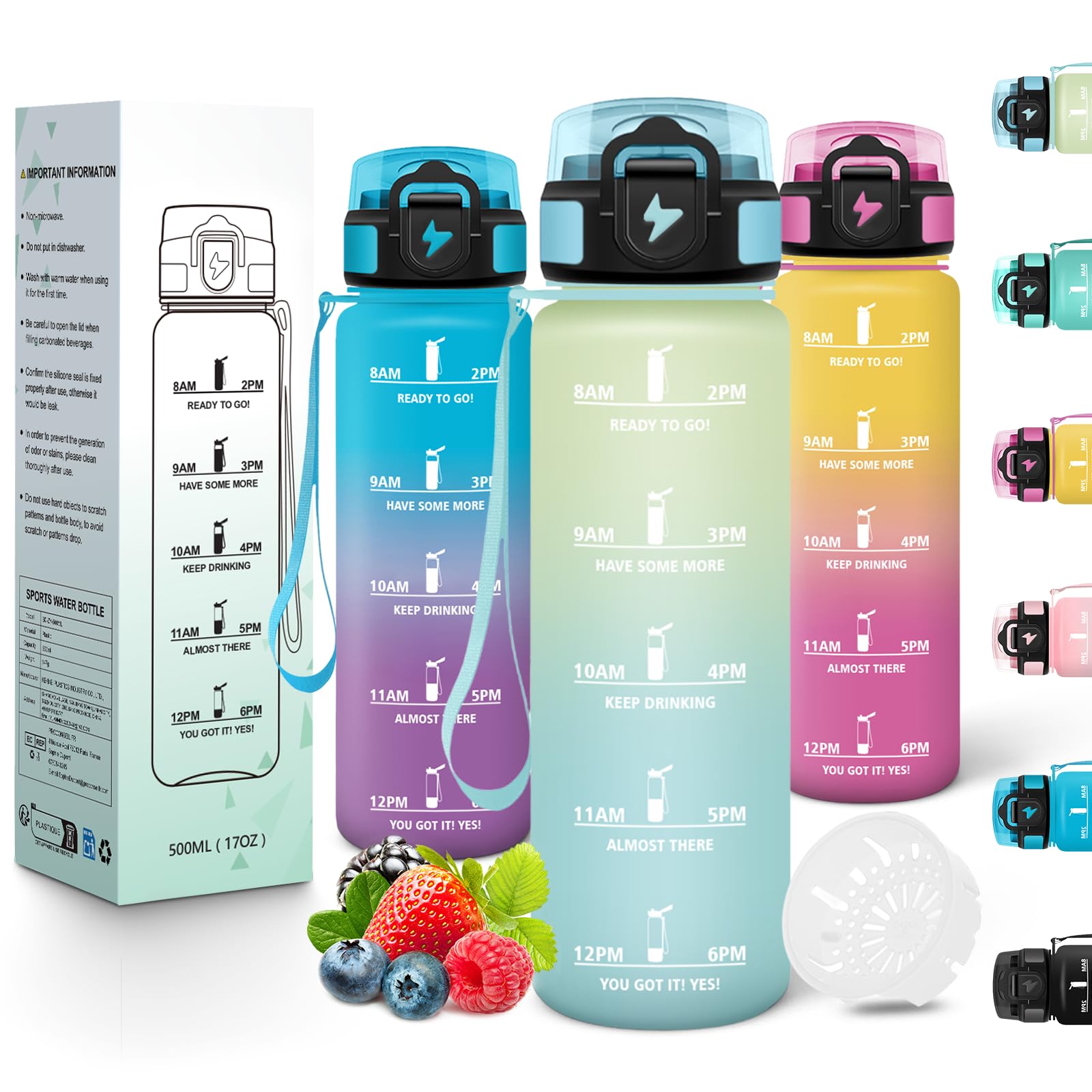 Motswedi Sports Water Bottle, 500 ml, BPA-Free, Suitable for Carbonated Drinks, Leak-Proof, Water Bottle, with Time Stamp, Bottle, Sports Bottle, for Yoga, School, Fitness, Off-White Light Blue