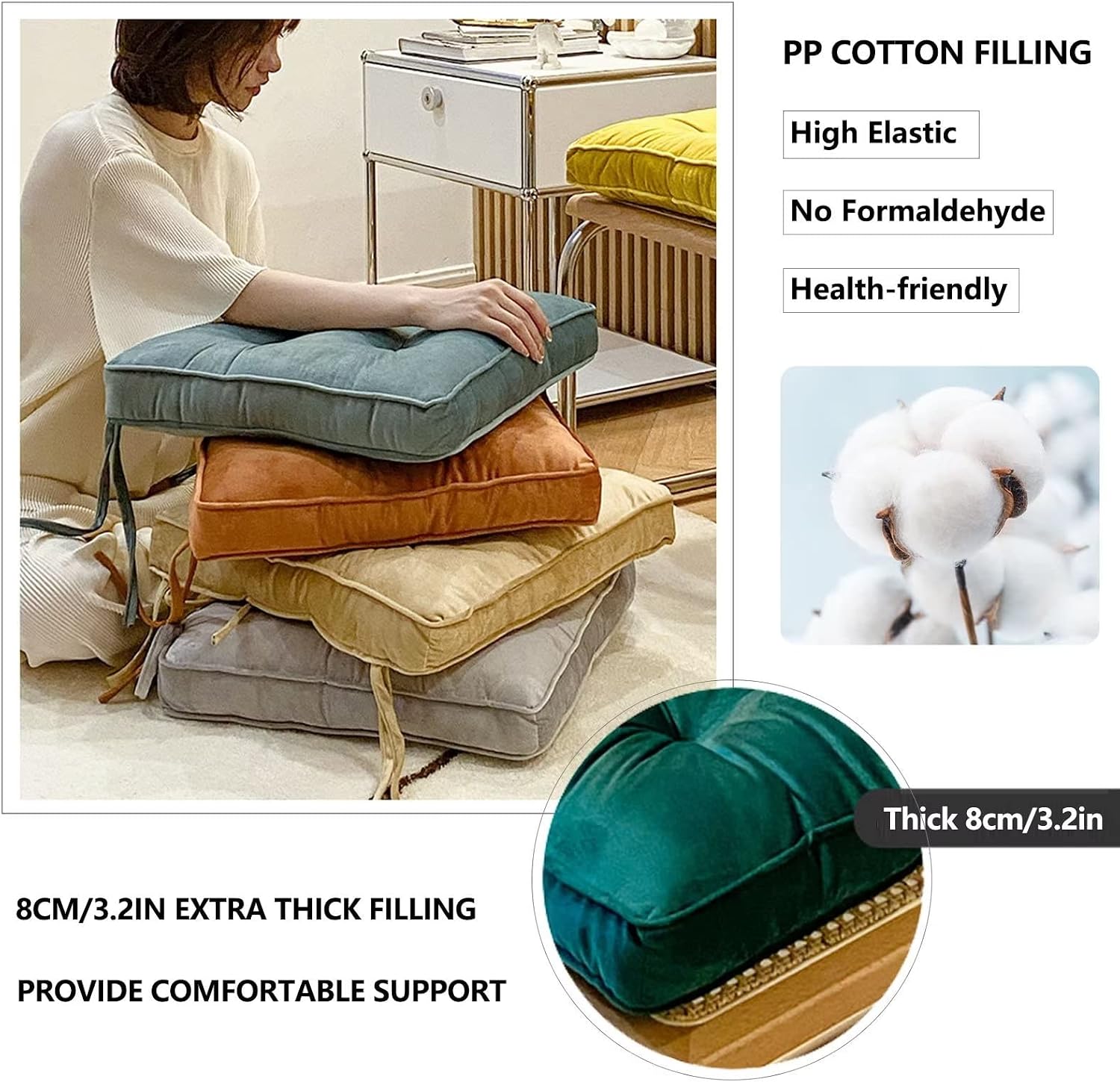 Dining Room Chair Seat Cushions That are Comfortable, Square Chair Pads for Dining Chairs Set of 4, Extra Thick Seat Padded 8cm/3.2in, Not Deform for Long Time Use Yellow