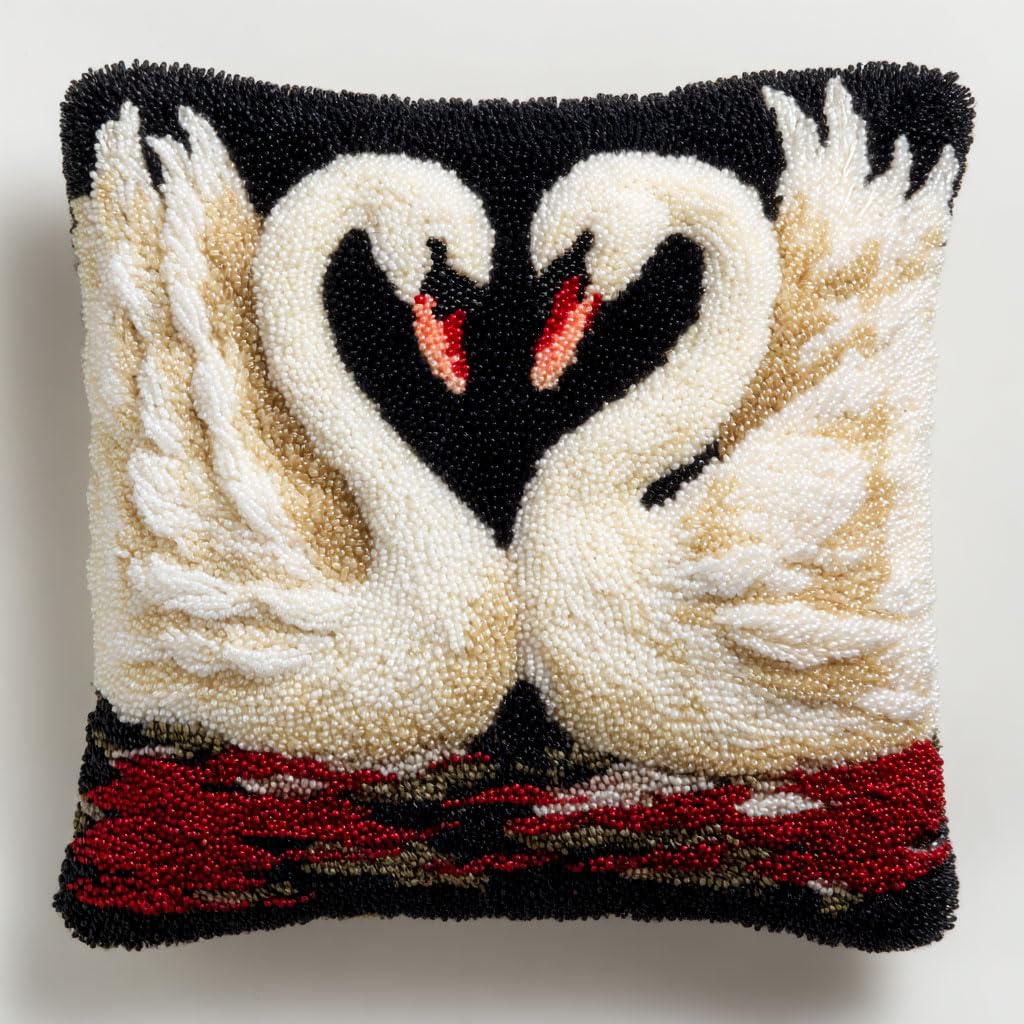 Taxpy DIY Latch Hook Kits, Animal swan Pillow with Printed Canvas Handmade Cushion Crochet Yarn Embroidery Hook and Latch Kit Pillowcase 43x43cm