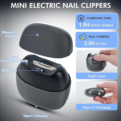 Miniatura 8 de Cortaúñas automático, cortaúñas eléctrico de 2 velocidades con luz, cortaúñas recargable con atrapador, lima de uñas eléctrica para bebés, niños