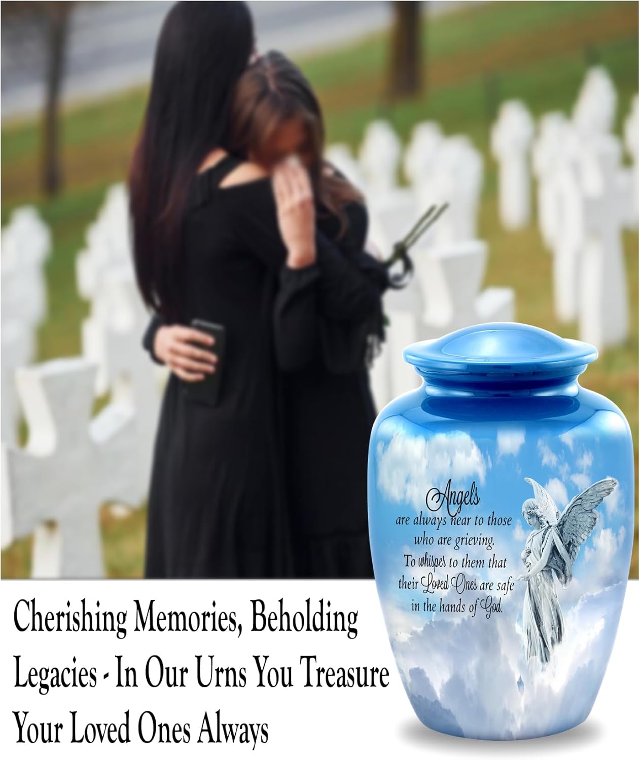 Guardian Angel Cremation Urn – Elegant Blue Adult Urn for Human Ashes – Heavenly Angel Funeral Urn for Men and Women – Large Memorial Urn Holds Up to 210 lbs with Velvet Bag (Large)