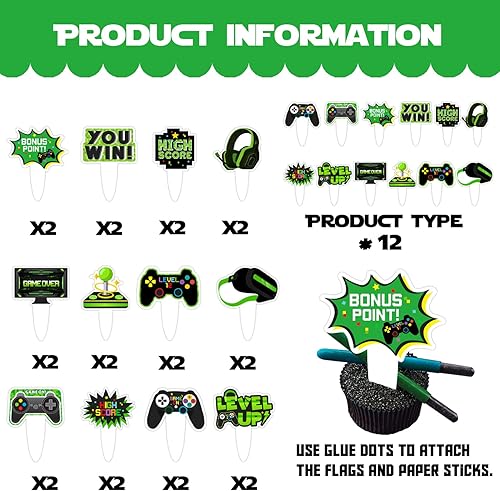 Vista 4 de 24 piezas de decoración de postre de doble cara para cupcakes, consola de juegos, juegos, deportes electrónicos, suministros de decoración