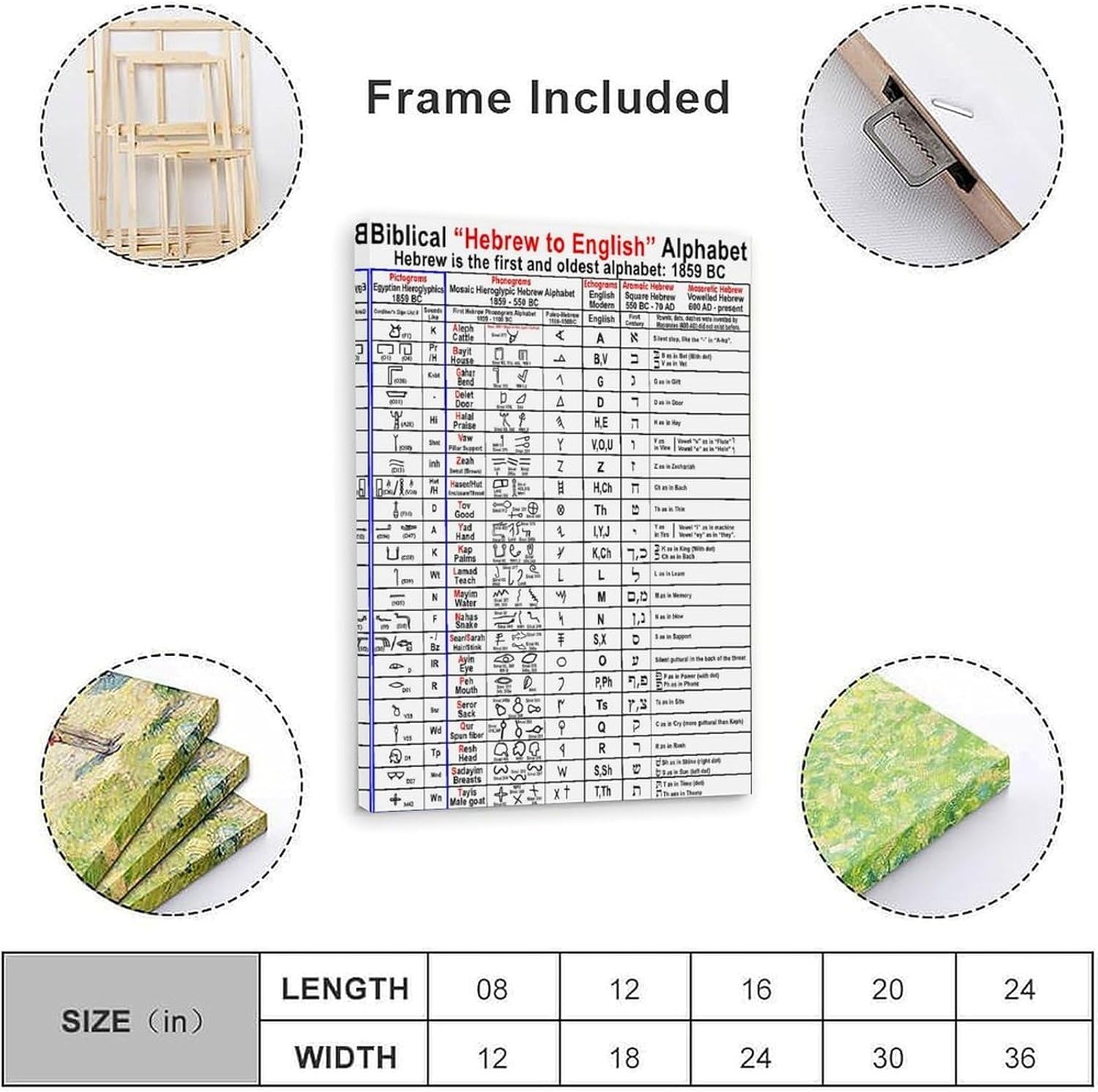 Hebrew Alphabet Chart, Knowledge Education Poster4.Wall Art Canvas Print Living Room Office Bedroom Aesthetic 16x24inch(40x60cm) Frame-style - Image 2