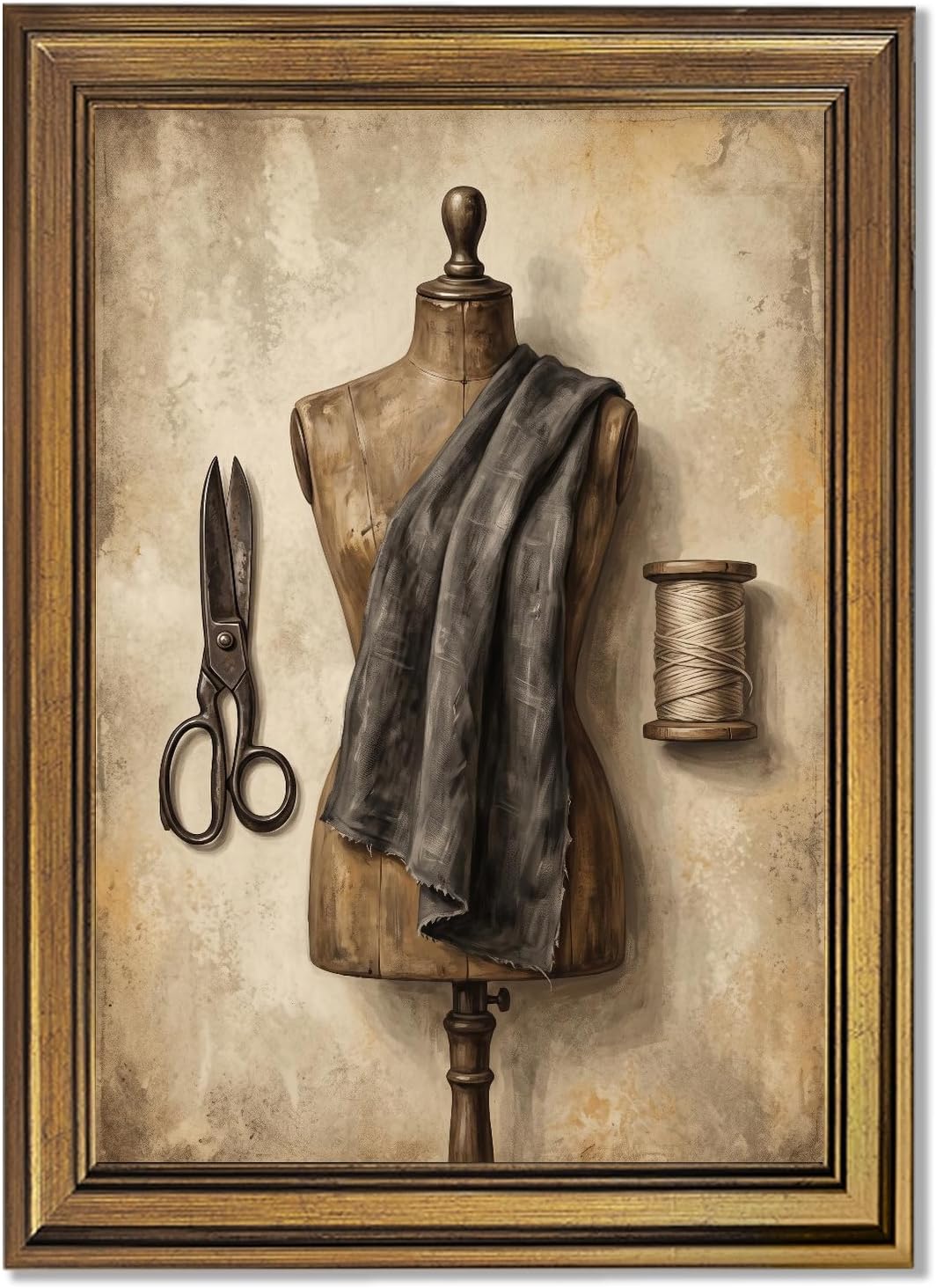 Gold Vintage Framed Sewing Tools Wall Art Vintage Poster