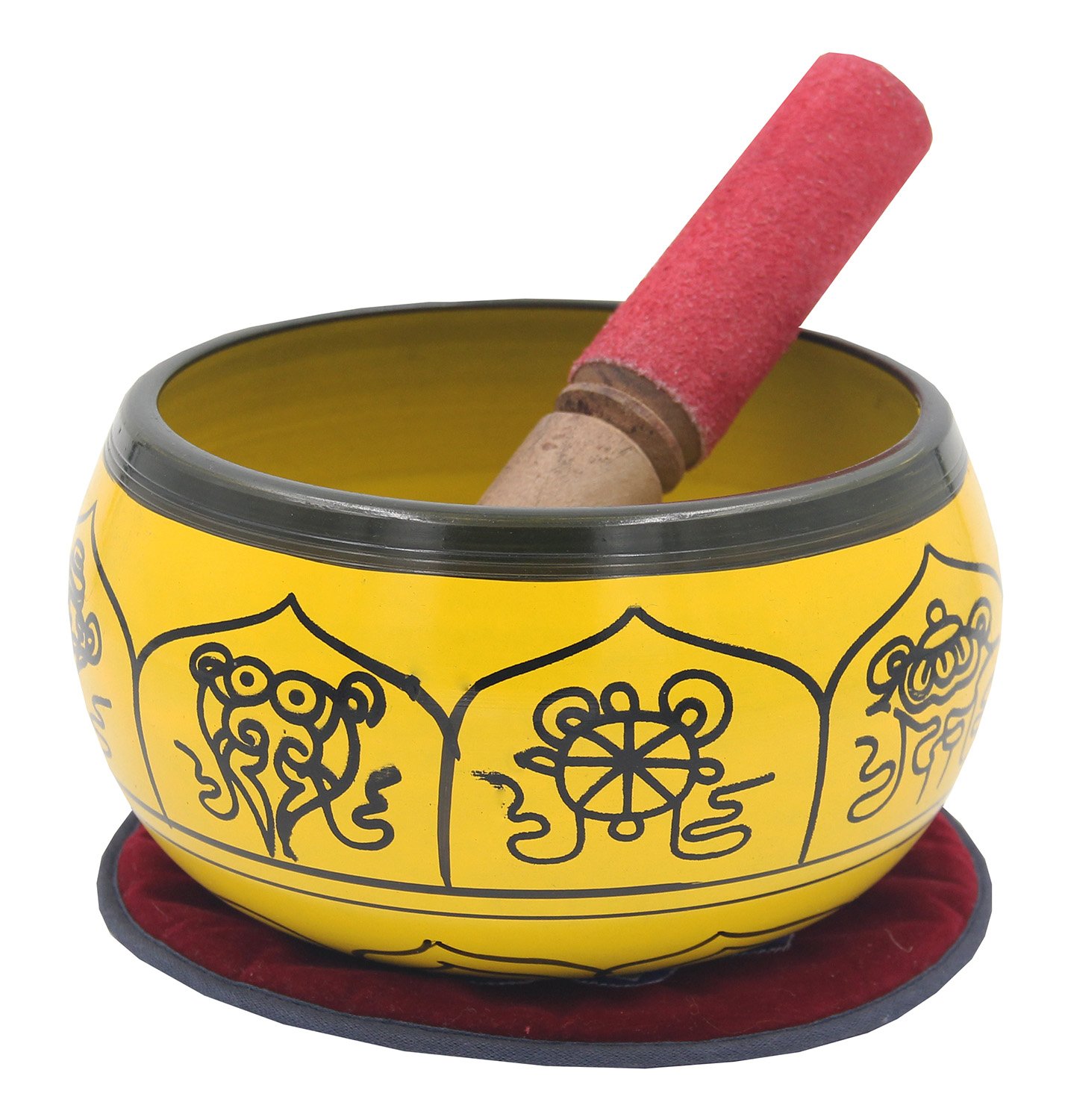 DharmaObjects Yoga Meditation 6 Inches 8 Lucky Symbols Singing Bowl/Cushion/Leather Mallet Gift Set (Yellow)