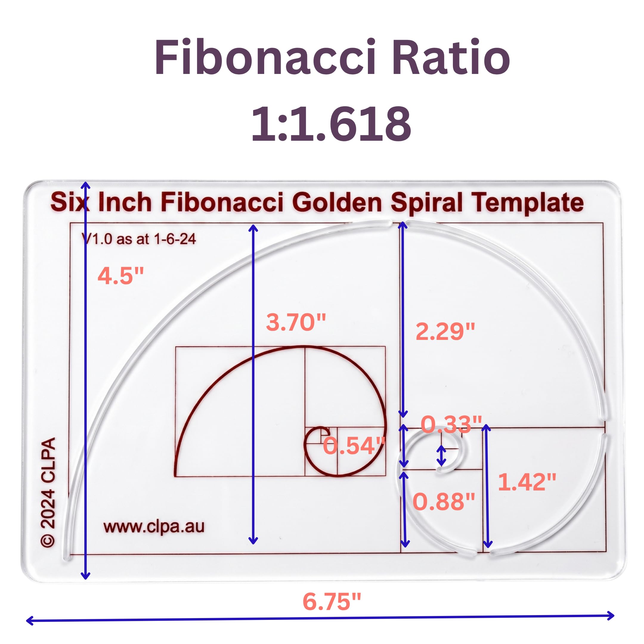 Plantilla de espiral de Fibonacci CLPA de 6" — Herramienta de proporción áurea para dibujo | Plantilla de Fibonacci | Plantilla geométrica para arte, dibujo técnico y acolchado | PETG transparente