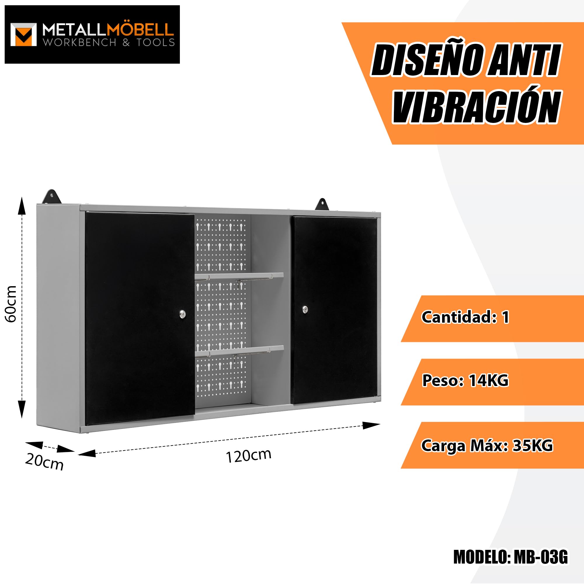 METALL MÖBELL WORKBENCH & TOOLS METALLMOBELL - Armario Metalico de Pared | 120x60x20cm, con Estanterías, Panel Herramientas y Cerradura | Armario Almacenaje, Mueble Almacenaje MB03G