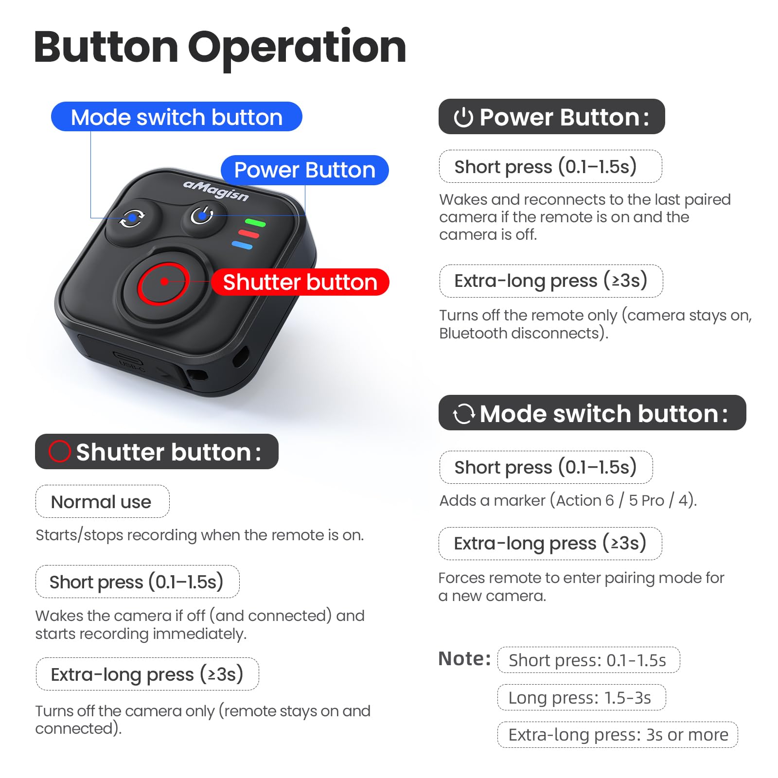 Treeboy Télécommande Bluetooth pour appareils photo DJI Osmo 360/Action 6/5 Pro/4 et téléphones iOS Android