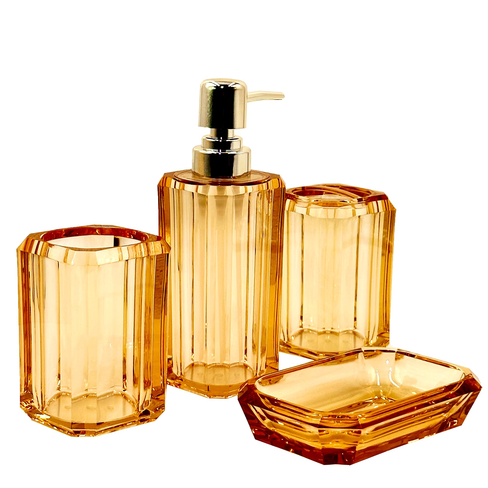 Orange Bathroom Accessories Set,Amber 4 Pcs Acrylic Bathroom Accessory Set -Lotion Soap Dispenser,Toothbrush Holder,Tumbler,Soap Dish, Countertop Vanity Organizer Bathroom Decor Housewarming Present