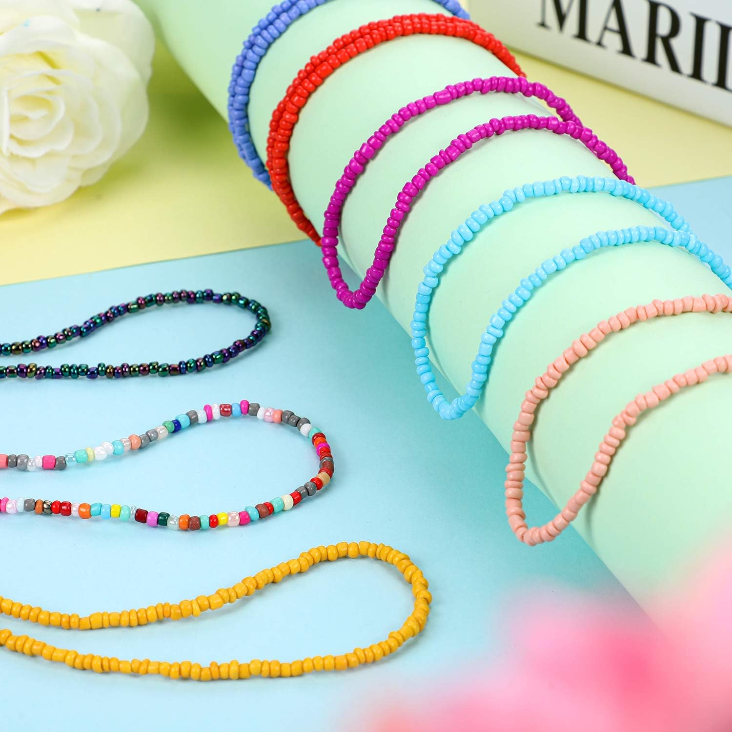 Hicarer 24 Pieces Beaded Choker Boho Seed Bead Necklace Colorful Bead Necklace Bohemian Jewelry for Women - Image 3