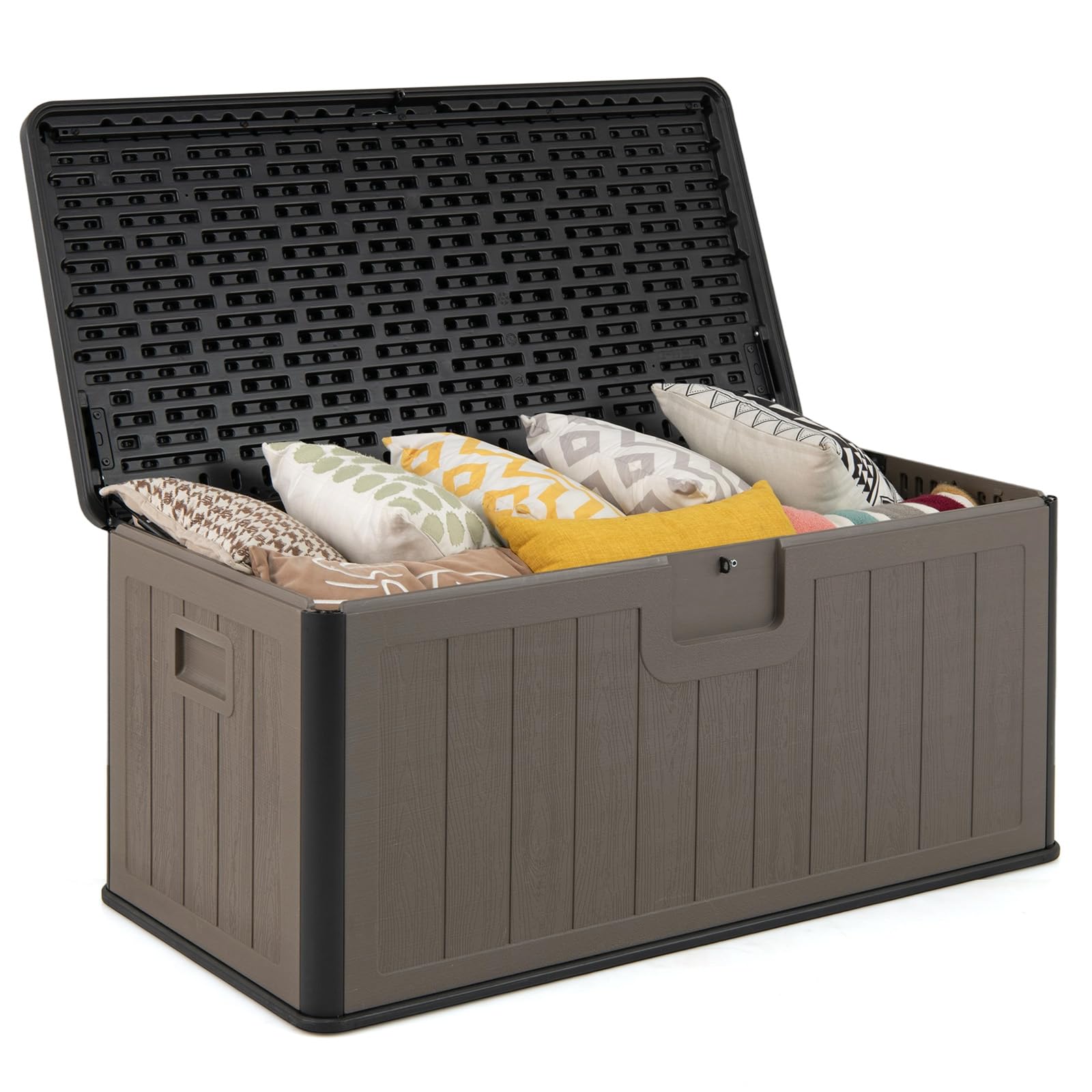 RELAX4LIFE Cassapanca Contenitore da Esterno cper Esterni da 378 L, in Resina per Interni ed Esterni con Coperchio Bloccabile, Impermeabile per,Attrezzi, Accessori per Piscina (MARRONE 2)