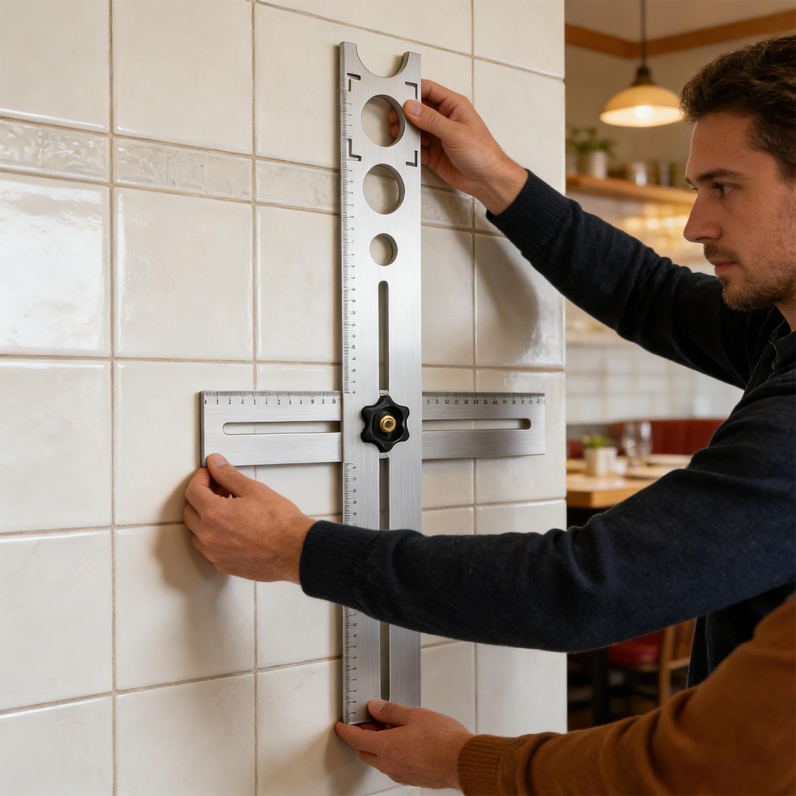 Strumento di misurazione per piastrelle, strumento di misurazione universale regolabile in acciaio, righello localizzatore per fori, per pavimenti, ceramica, marmo, legno, vetro