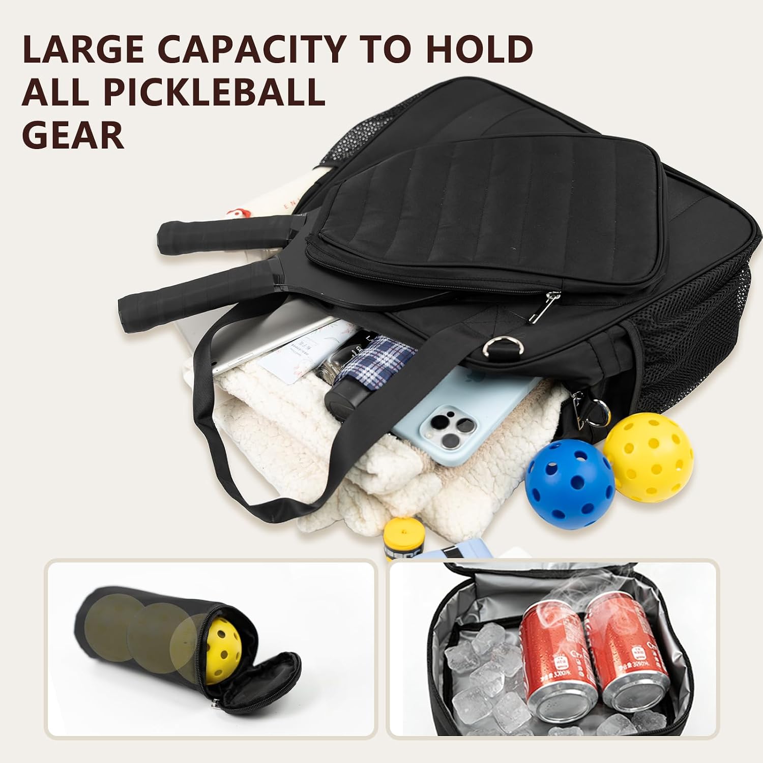SSZYace Pickleball Tote Bag for Women & Men, Large Capacity Design Holds 2 Pickleball Paddles, External Pickleball Ball Bag and Adjustable Shoulder Strap Fence Hook, Insulated Drink Holder