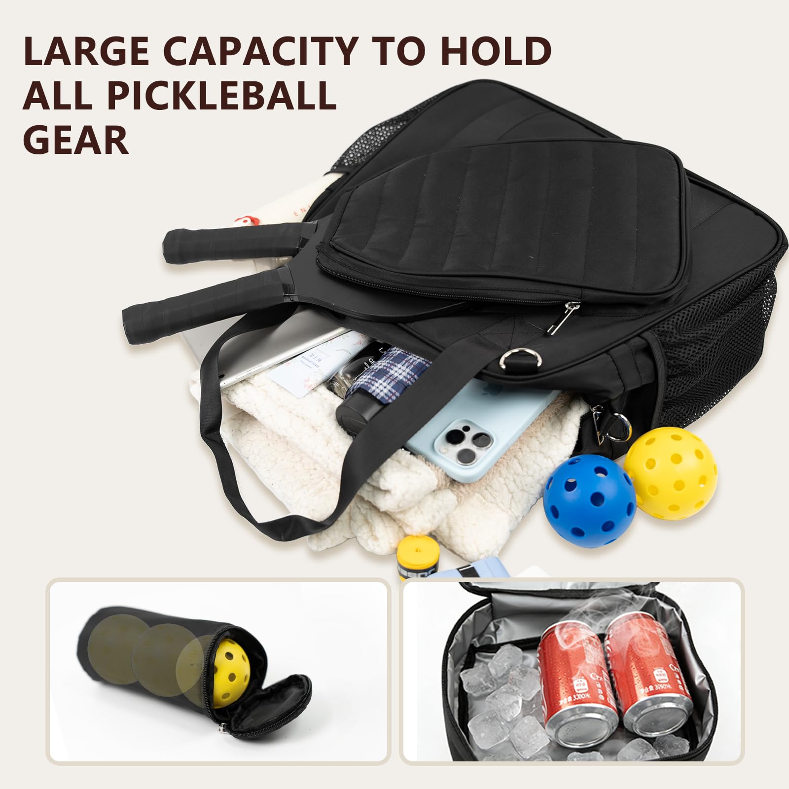SSZYace Pickleball-Tragetasche für Damen und Herren, großes Fassungsvermögen, für 2 Pickleball-Paddel, externe Pickleball-Balltasche und verstellbarer Schultergurt, Zaunhaken, isolierter
