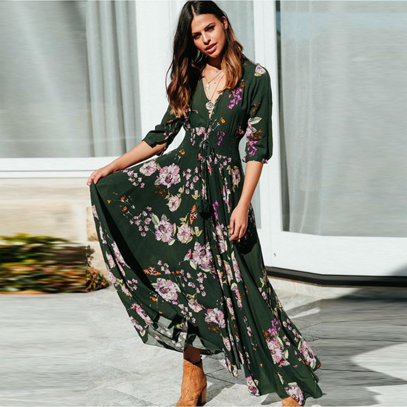 Robe Femmes Hobe Polyester Fashion À Manches Longues Sexy Dames Imprimées Party Robe-Vert-m