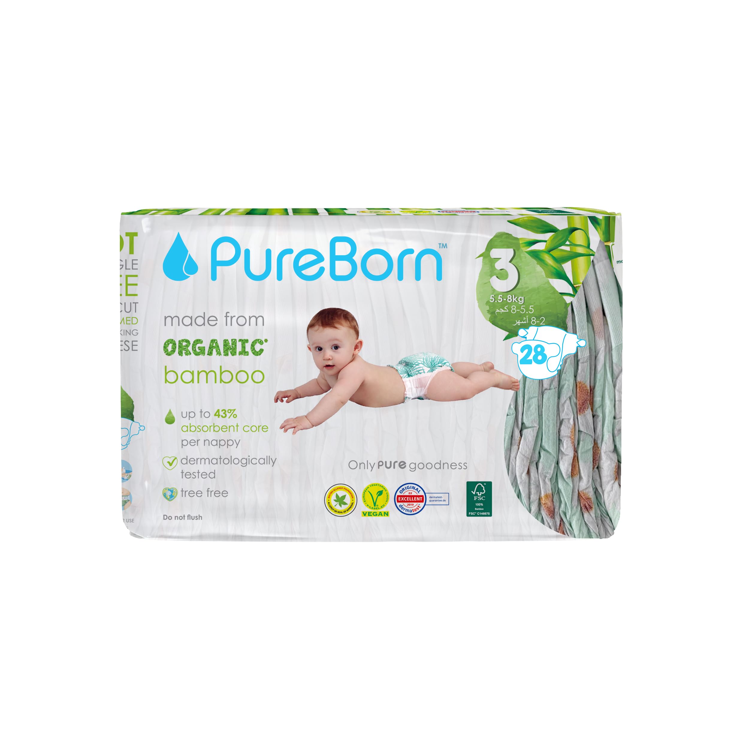 PureBorn Nappies Pure Organic Bamboo Nappies – Nappies Size 3 Hypoallergenic 112 - Nappies Ultra Soft (5.5-8 kg) 100% Plant Based Eco Friendly Daisy Print