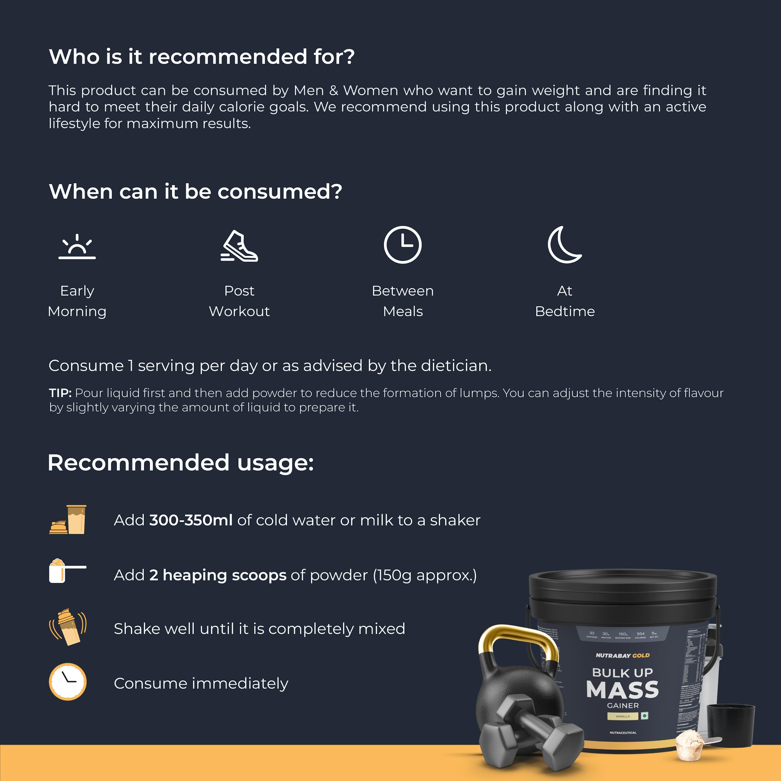 Nutrabay Gold Bulk Up Mass Gainer Powder - 5kg, Vanilla | 30g Protein, 104g Carbs, 554 Calories | Easy to Digest | 100% Veg Muscle Building & Weight Gainer Supplement for Men & Women 3