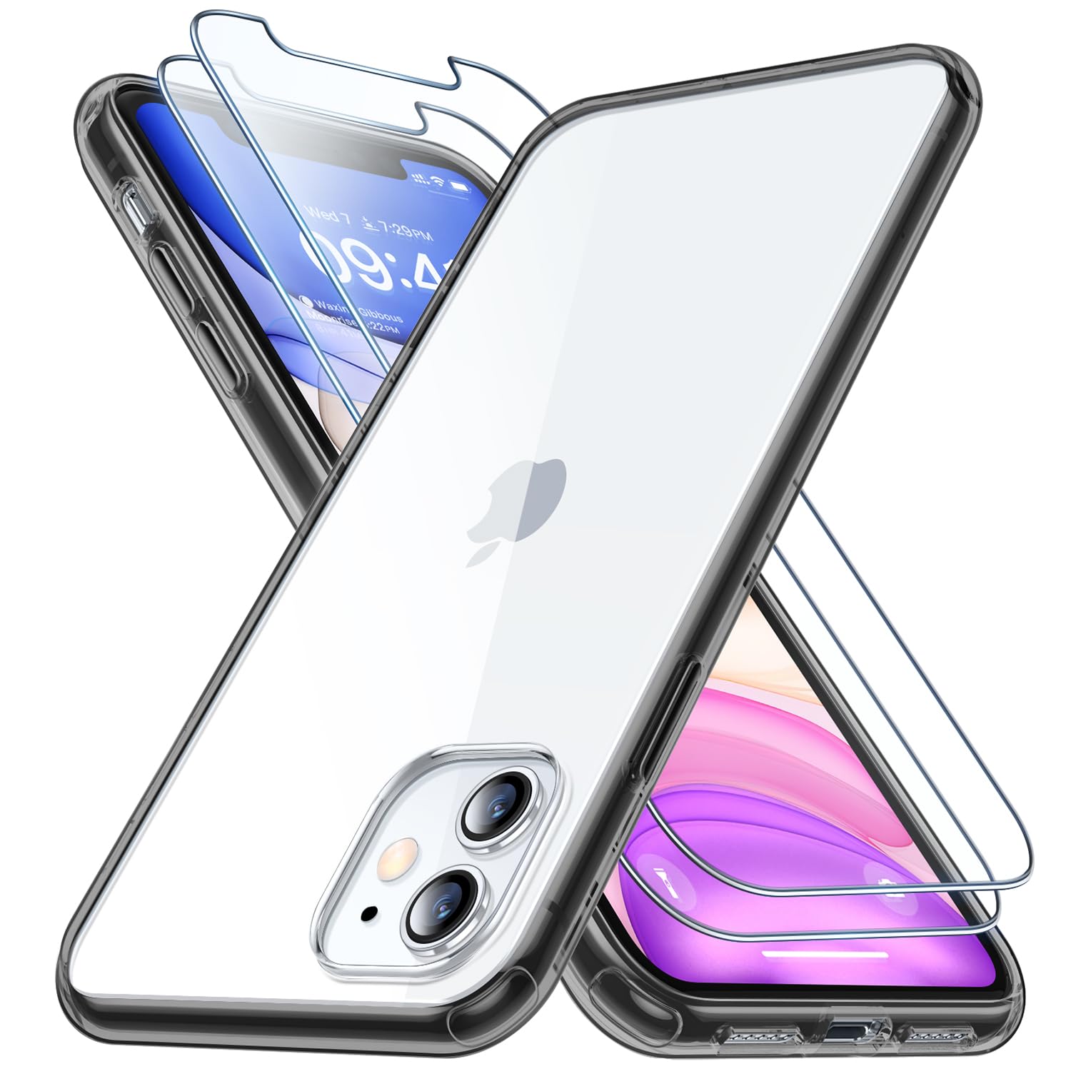 CANSHN Clear Protective Designed for iPhone 11 Case [Military Drop Protection] [with 2 Pcs Tempered Glass Screen Protector] Slim Thin Shockproof Phone Case for iPhone 11 6.1 inch - Black