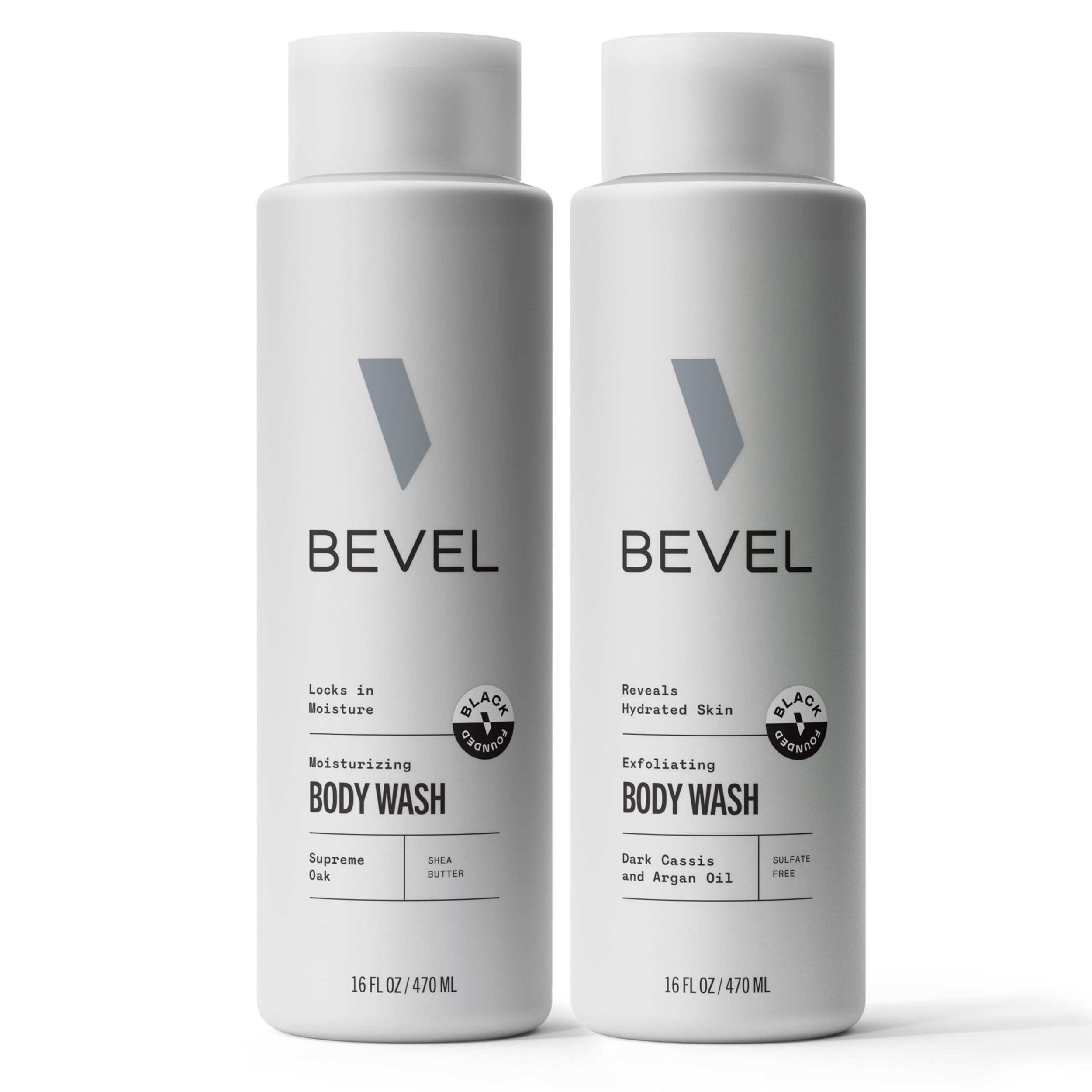 Bevel Exfoliating and Moisturizing Body Wash Bundle for Men - Dark Cassis & Supreme Oak Scent Bundle with Charcoal and Argan Oil, 16 Oz Pack of 2 (