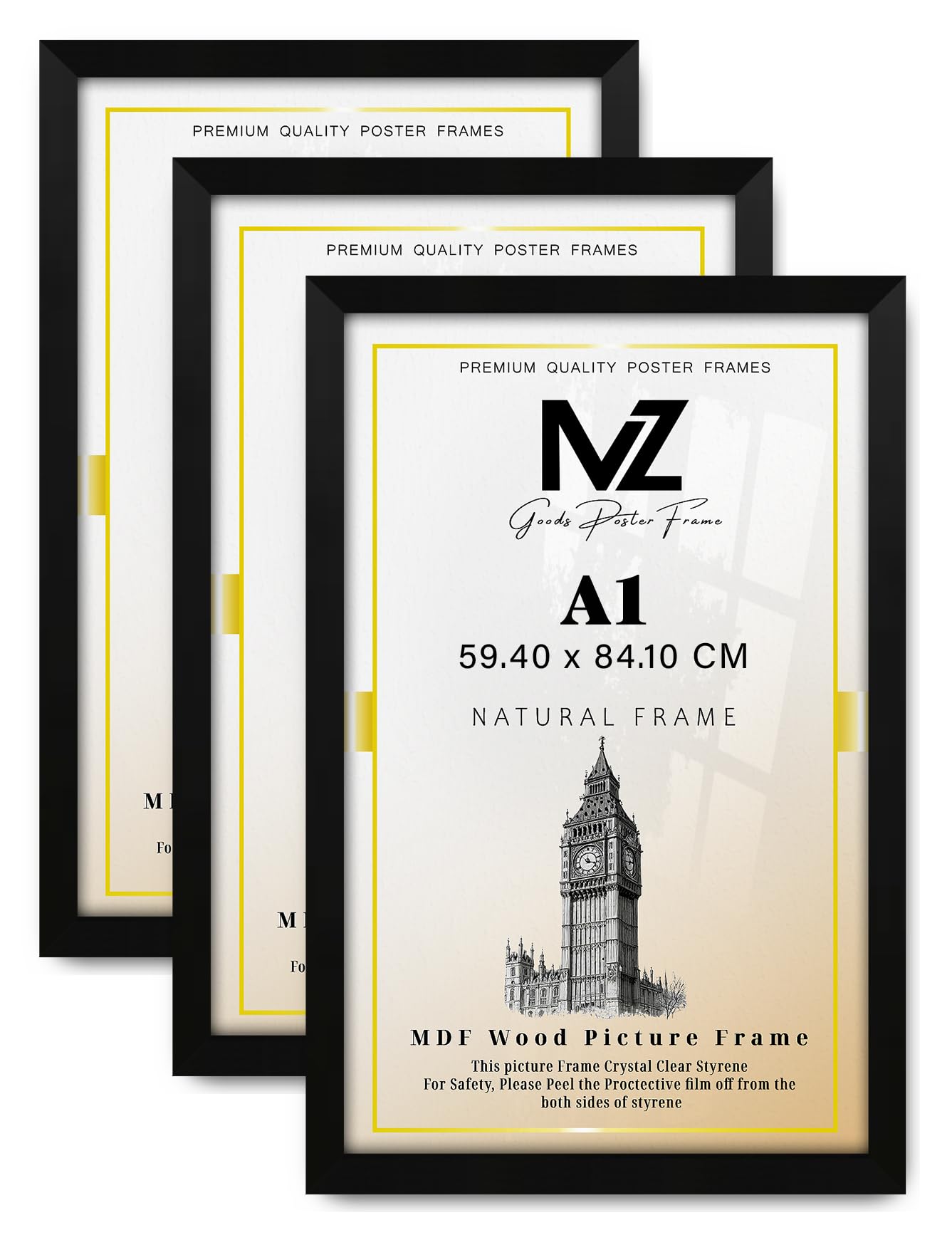 MZ GOODS pack of 3 MDF Wood Picture Frame A1 (59.40 x 84.10 CM) 23 x 33 Inch for Art, Room Interiors & Wall Decor, Elegant Finish, Secure Hooks for Easy Mounting [ Matt Black ] — image 1