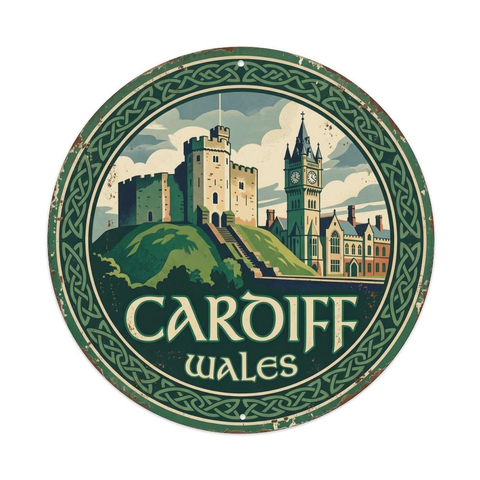Cardiff Castle Wales Landmark Vintage Travel Cartography Bold Metal Tin Sign Plaque Wall Decor for Cafe, Man Cave, Club Bar, Office, Home Garden Round Metal Poster 8x8Inch
