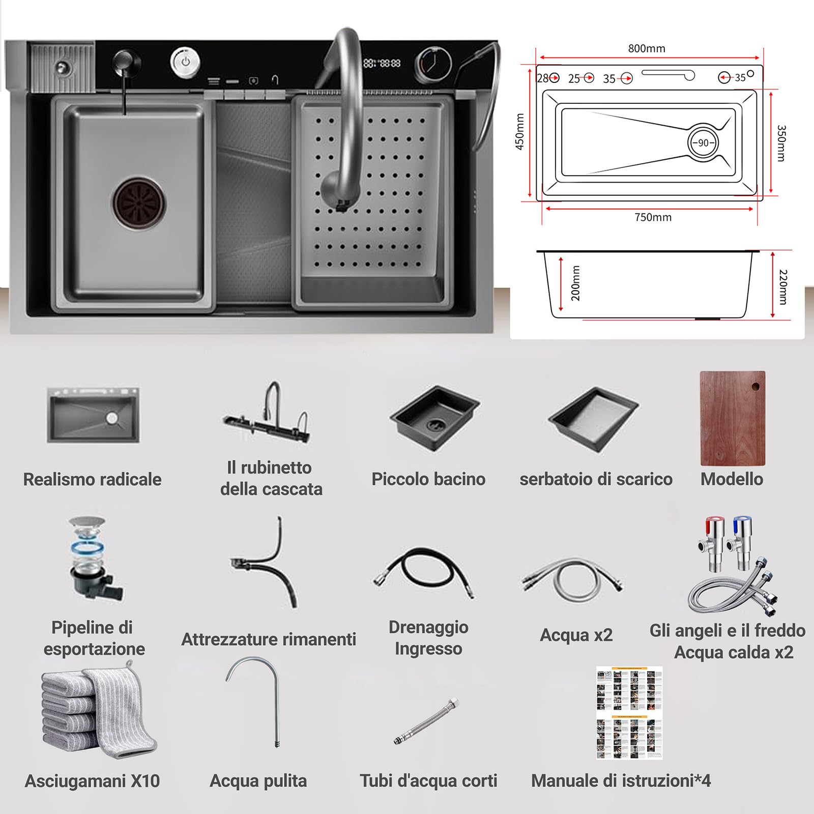 Nero Lavandino Cucina 1 Vasca Multifunzione Kitchen Sink Moderno Acciaio Inox Lavello Cucina Cascata, con Componente Di Drenaggio,Tagliere, Lavatazze, Dispenser di Sapone, Istruzioni (80x45x22cm)
