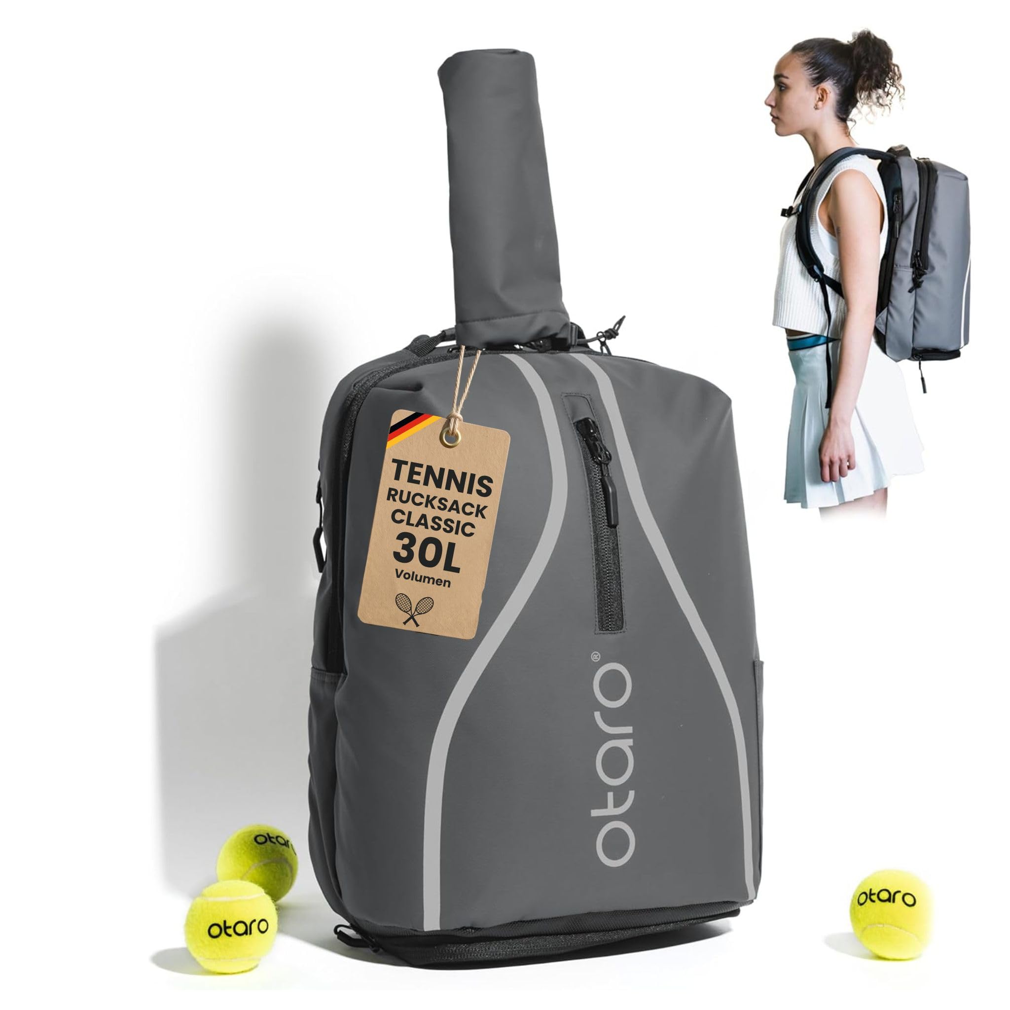 Otaro Tennis Rucksack mit Schuhfach & Laptopfach | 30 L | Tennistasche Herren & Damen inkl. Regenschutz | Tennisschläger Tasche für 2 Rackets | Tennisrucksack Kompakt & Alltagstauglich