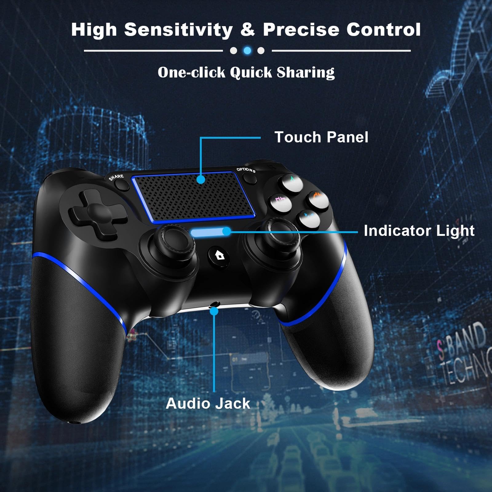 CHEREEKI Mando para PS4 con Bluetooth, Mando Inalámbrico para PS-4 con Turbo/Sensor Giroscópico de 6 Ejes/Doble Vibración/Panel Táctil/Conector de Audio de 3,5mm(600mAh)