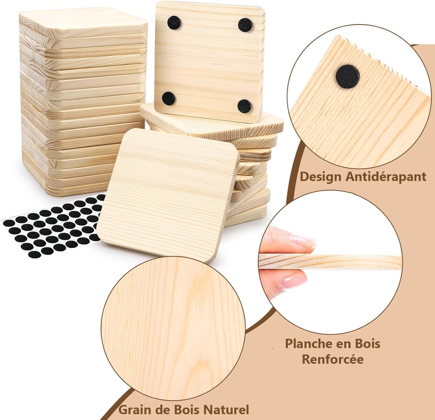 Lot de 72 Dessous de Verre en Bois Carrés, 10 x 10 cm, Sous-Verres DIY
