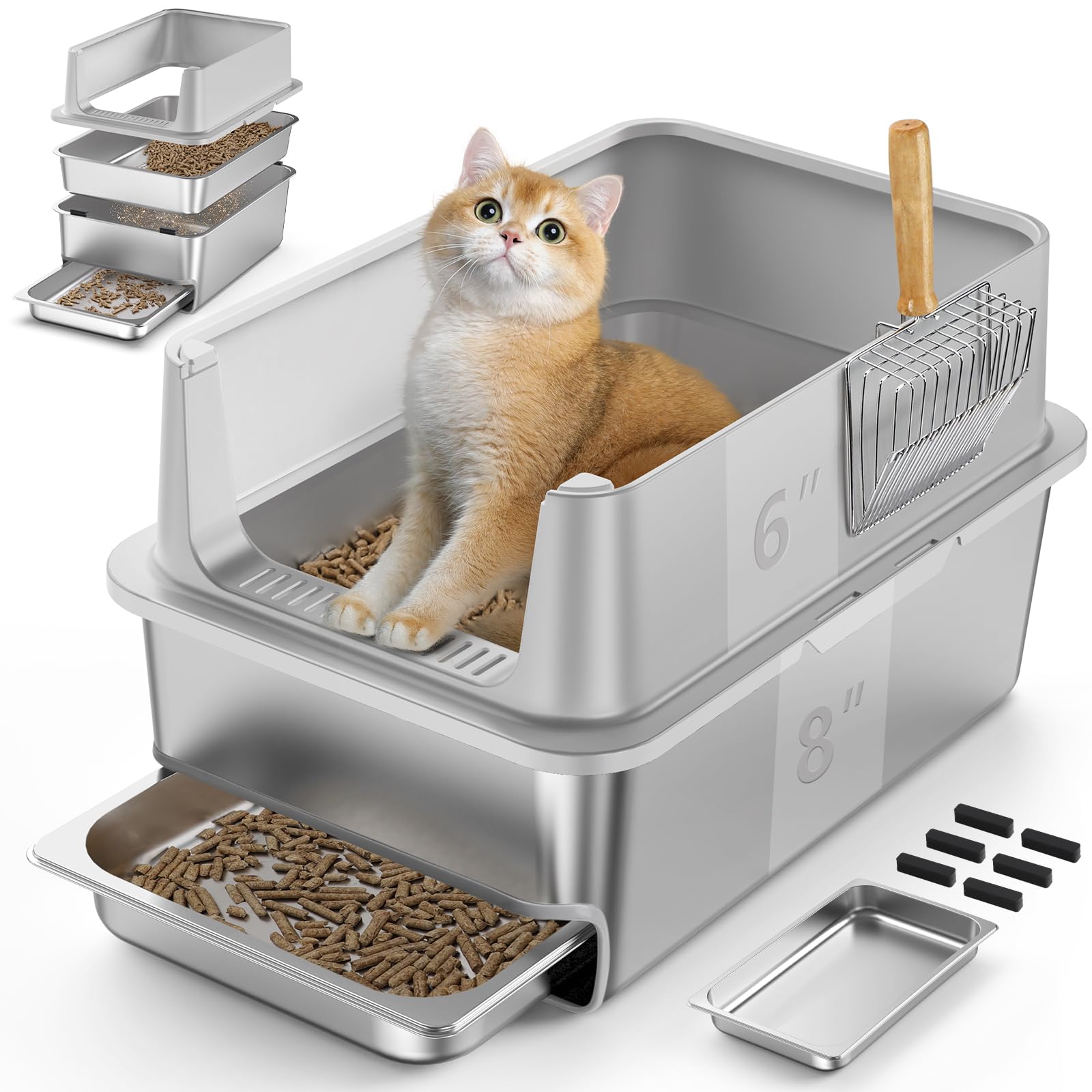 23.6x16x14'' Sifting Litter Box with Drawers, Stainless Steel Drawer Litter Box with 6'' Lid & Metal Scoop, XL Cat Litter Tray, Odor-Control & Saves Clean Time, Fits Most Cats