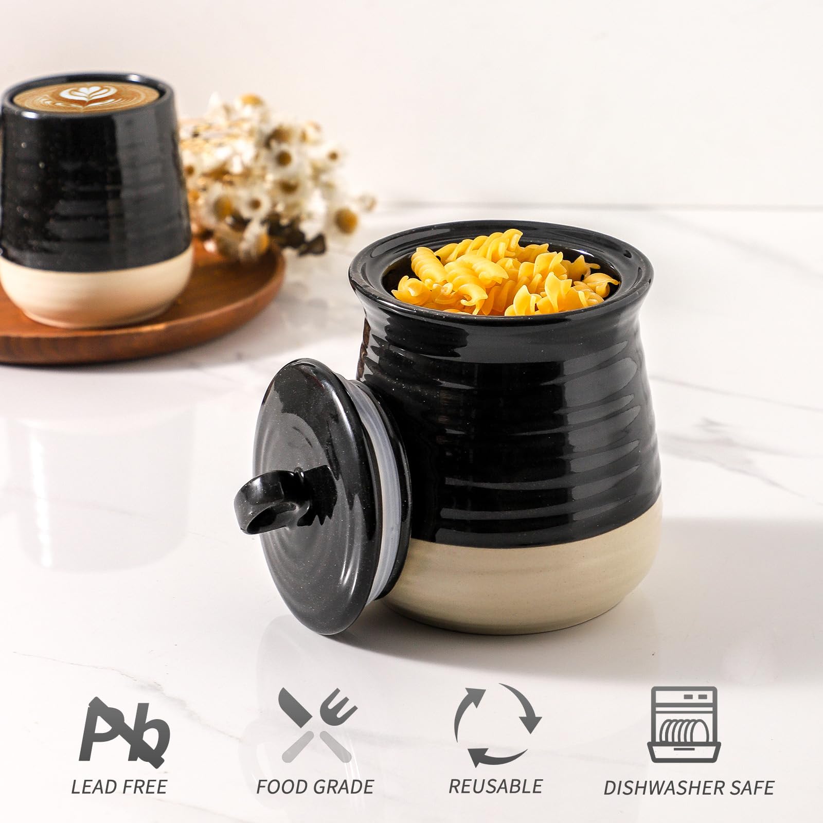 HASENSE Vorratsdose aus Keramik mit luftdichtem Deckel, 1000 ml, Küchenbehälter für Kaffeebohnen, Tee, Zucker und Süßigkeiten, Bauernhaus-Kaffee-Plätzchen-Behälter für Küchentheke, Schwarz