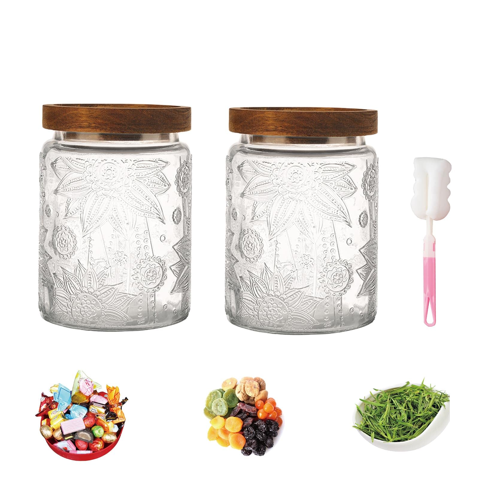 DYUEE Glass Jar with Acacia Wood Lid, 2 Pack 700ml Vintage Glass Jars Set, Airtight Food Storage Jar for Candy, Flour, Oats, Coffee Bean(Sunflower)