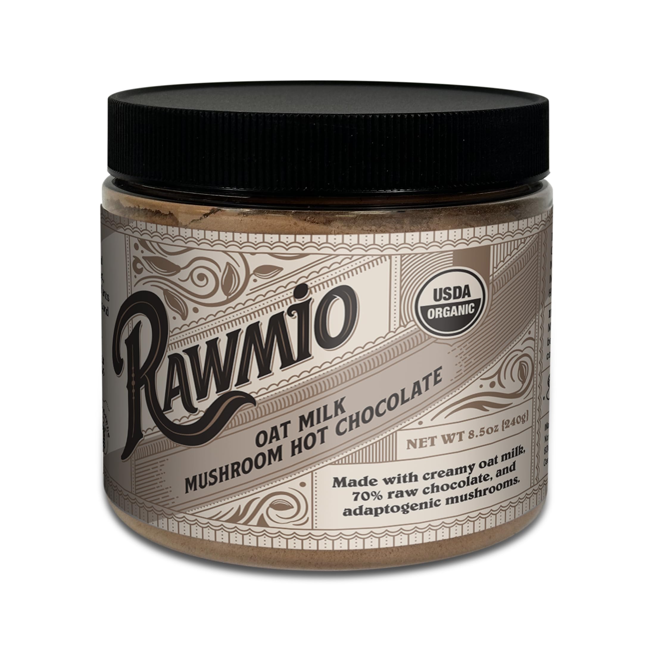 Rawmio Oat Milk Mushroom Hot Chocolate - Vegan, Kosher, Low-Fat and Gluten-Free | Pack of 1 | 8.5 oz