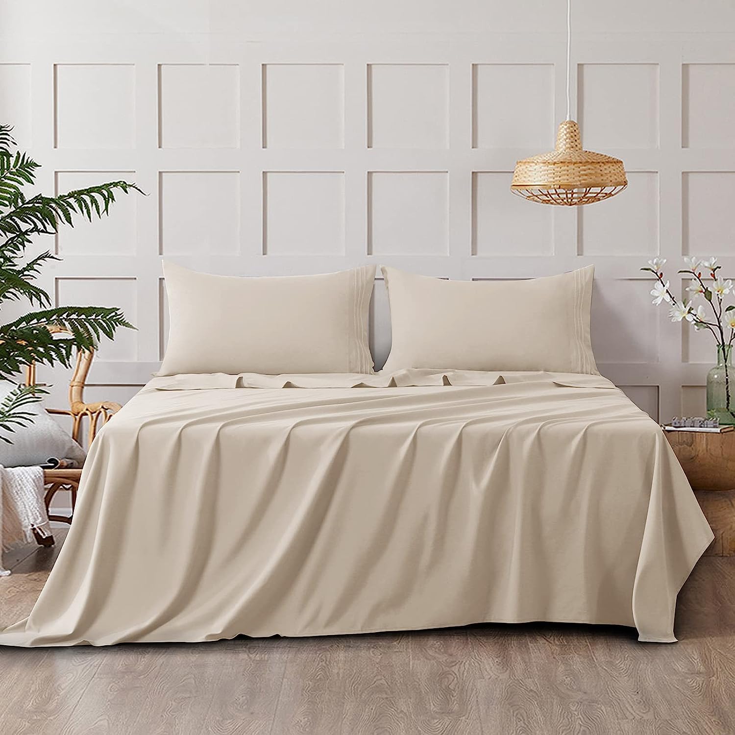 CozyLux Hotel Luxury Full Bed Sheets Set - 1800 Series 4-Piece Embroidered Microfiber Sheets, Double Brushed, 16" Deep Pocket, Soft and Wrinkle-Resistant, Beige