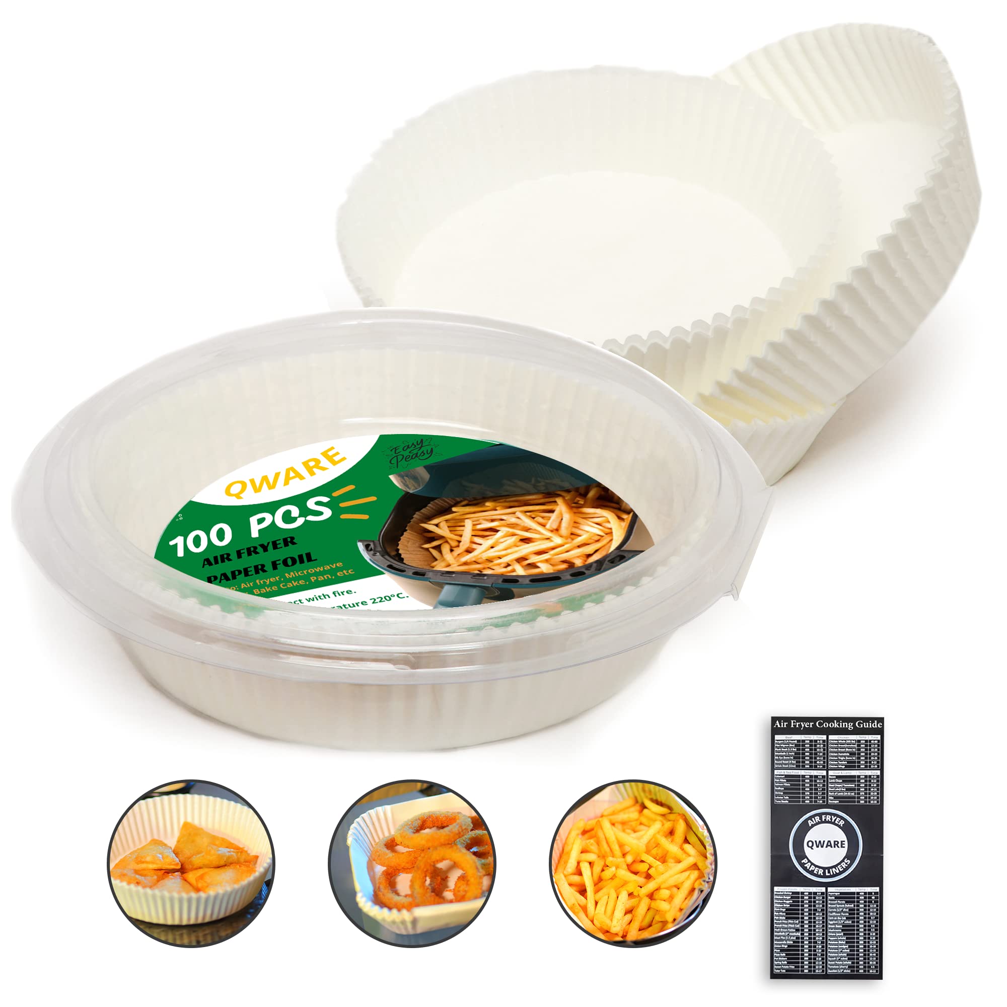 Photo 1 of 2 pack - Qware Air Fryer Liners Disposable, 100Pcs Disposable Air Fryer Paper liners for Roasting, Frying and Baking, Oil Proof Airfryer Paper Liners for 3-5 QT (7.8 inches, Round-White)+Cooking Guide 100 White-Round