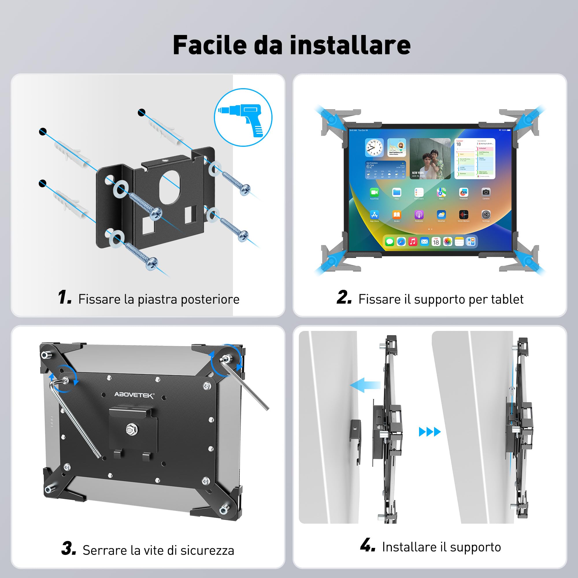 AboveTEK Supporto da Parete Universale per Tablet 9,7-13", Supporto Tablet da Muro con Blocco di Sicurezza, Rotazione 360°, Acciaio Robusto, per POS, Reception, Ufficio, Negozi