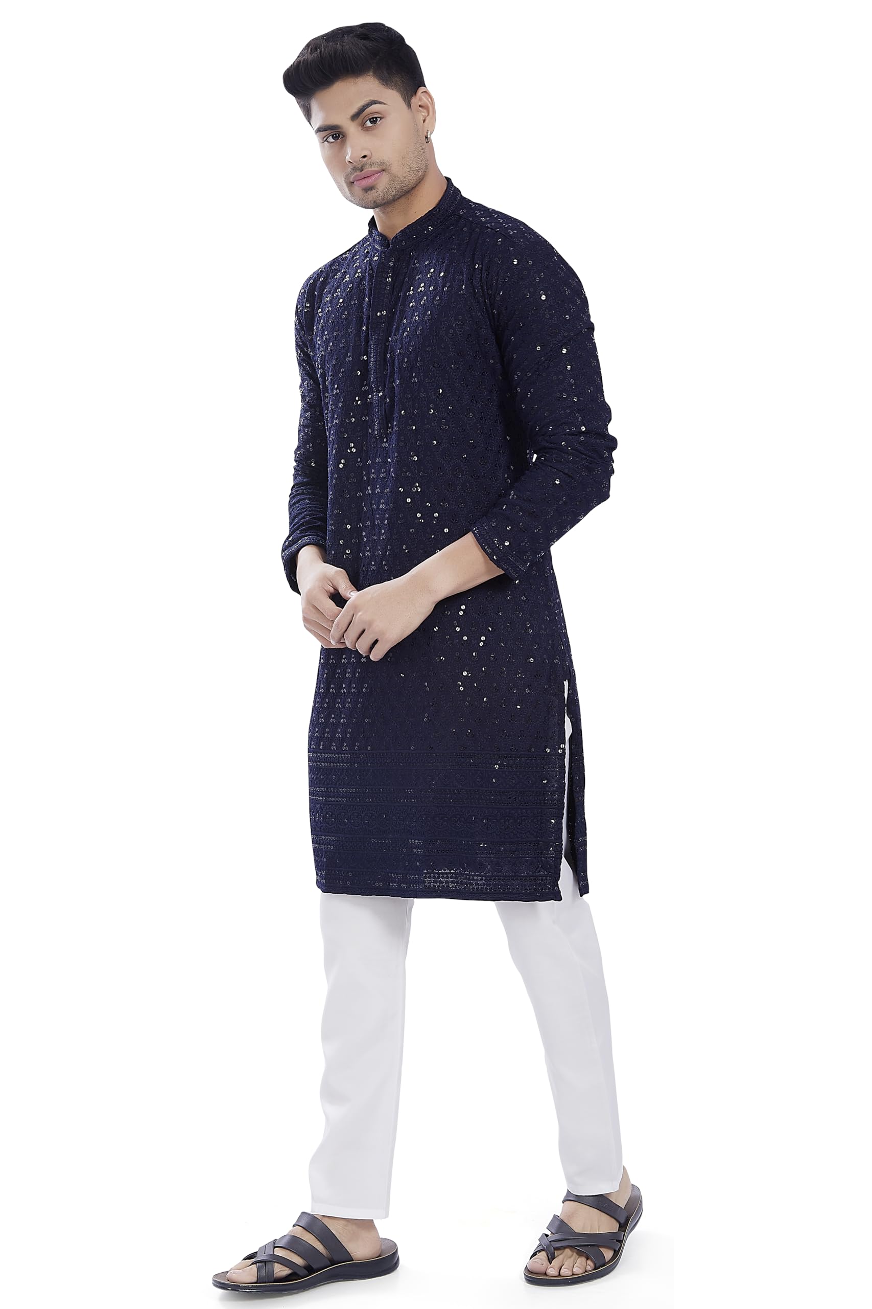 Divisive Men's Sequince Embroidered Cotton Blend Only Slim Fit Kurta (Dkrt671_Xxxl_Navy)
