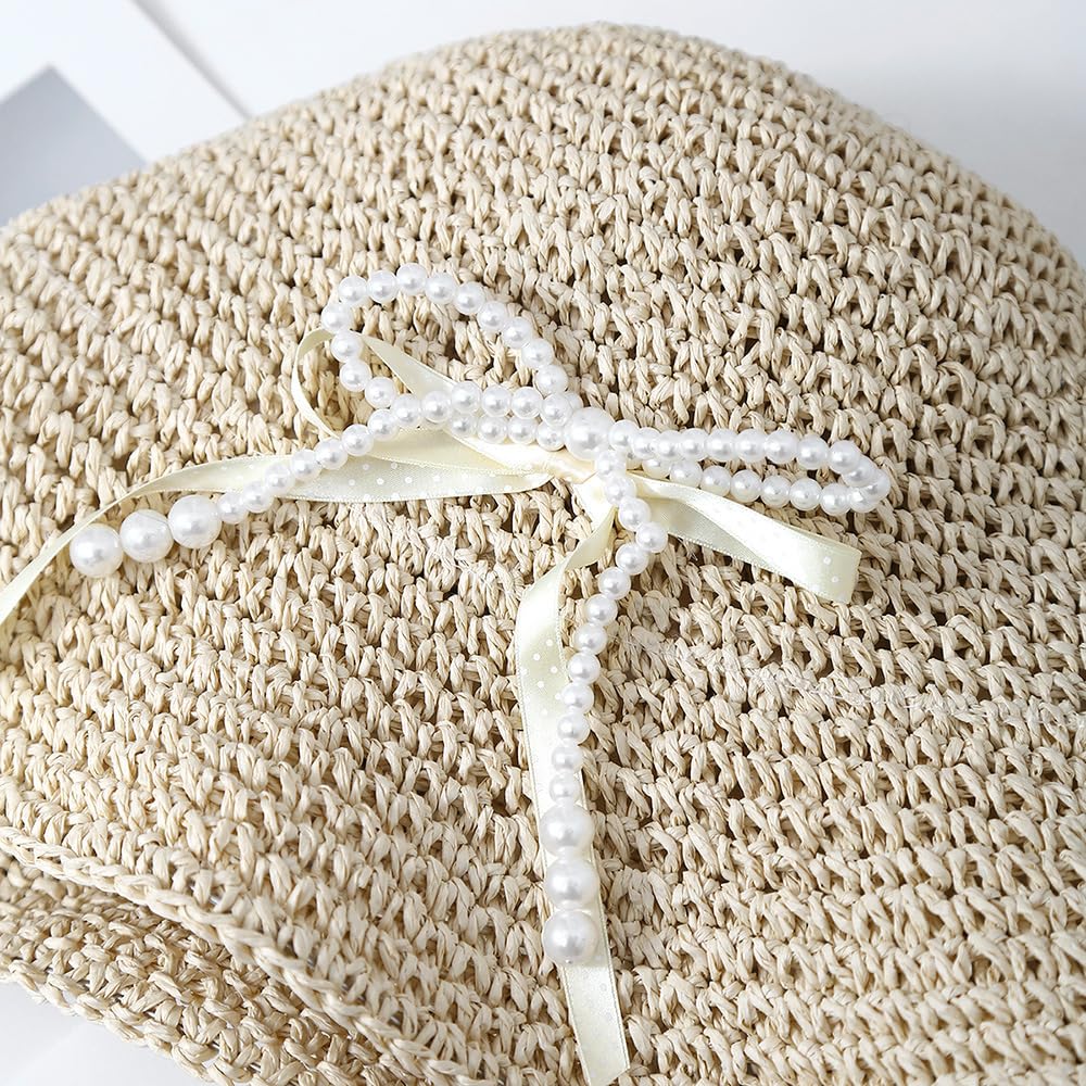Sombrero de Paja Plegable de Verano para Mujer,de ala Ancha,con Protección UV y Lazo de Perla,Plegable y Transpirable,Ideal para Playa,Viajes y Fiestas