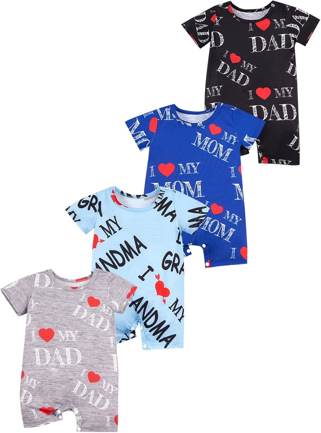 MOSSRIVER Baby Girl Outfits 4 Pack Short Sleeve Footless Romper Snap Crotch Closure Graphic Bodysuit Toddler Boys Clothes