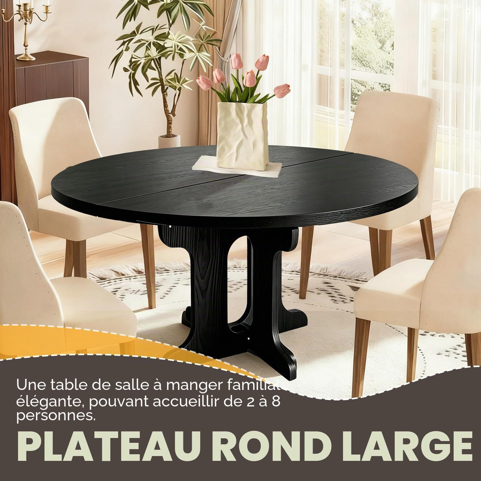 Table à manger extensible, 90-120 cm, ronde/ovale, table de cuisine en MDF pour 2 à 8 personnes, hauteur 75 cm, table à manger moderne pour salon, cuisine, socle en bois croisé, gain de place (noir)