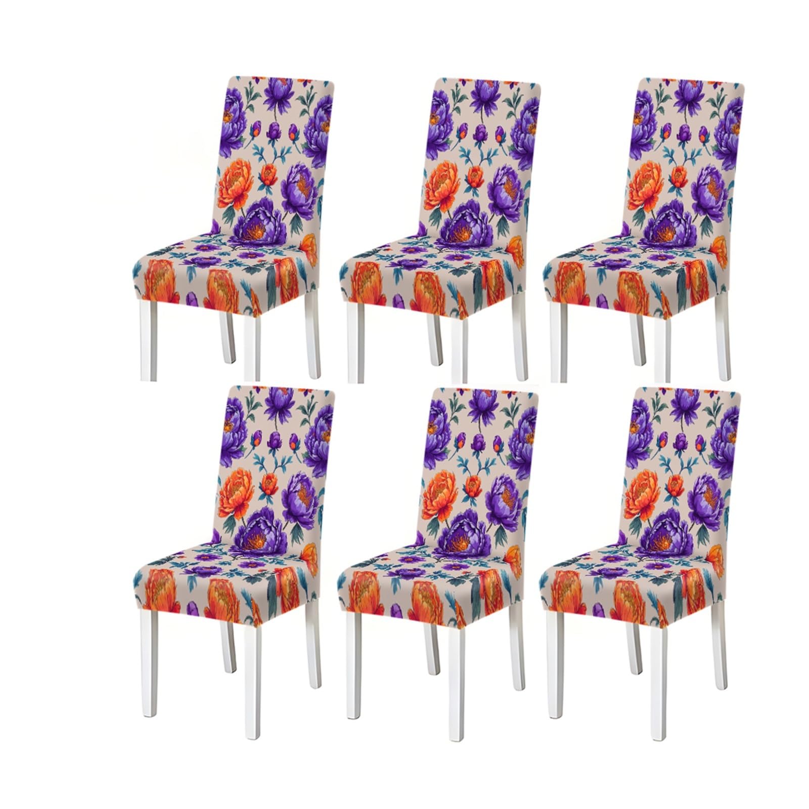 BOSUYBN Purple Orange Peony Floral Print Stretch Dining Chair Covers For Kitchen Dining Living Room Vibrant, 2/4/6PCS Furniture Protectors for Home Dining Room(6PCSChair cover)