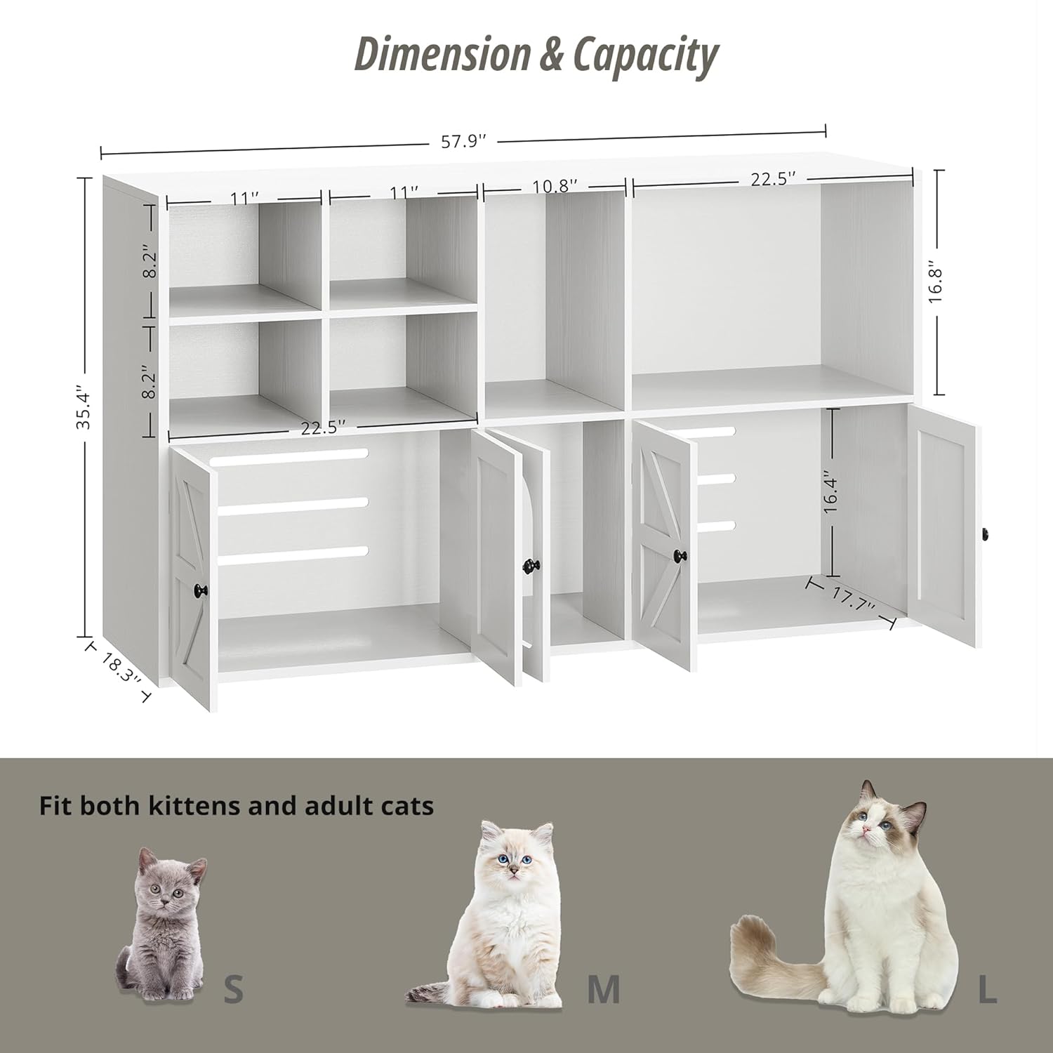 Diagram showing the dimensions and internal layout of the IRONCK Cat Litter Box Enclosure.