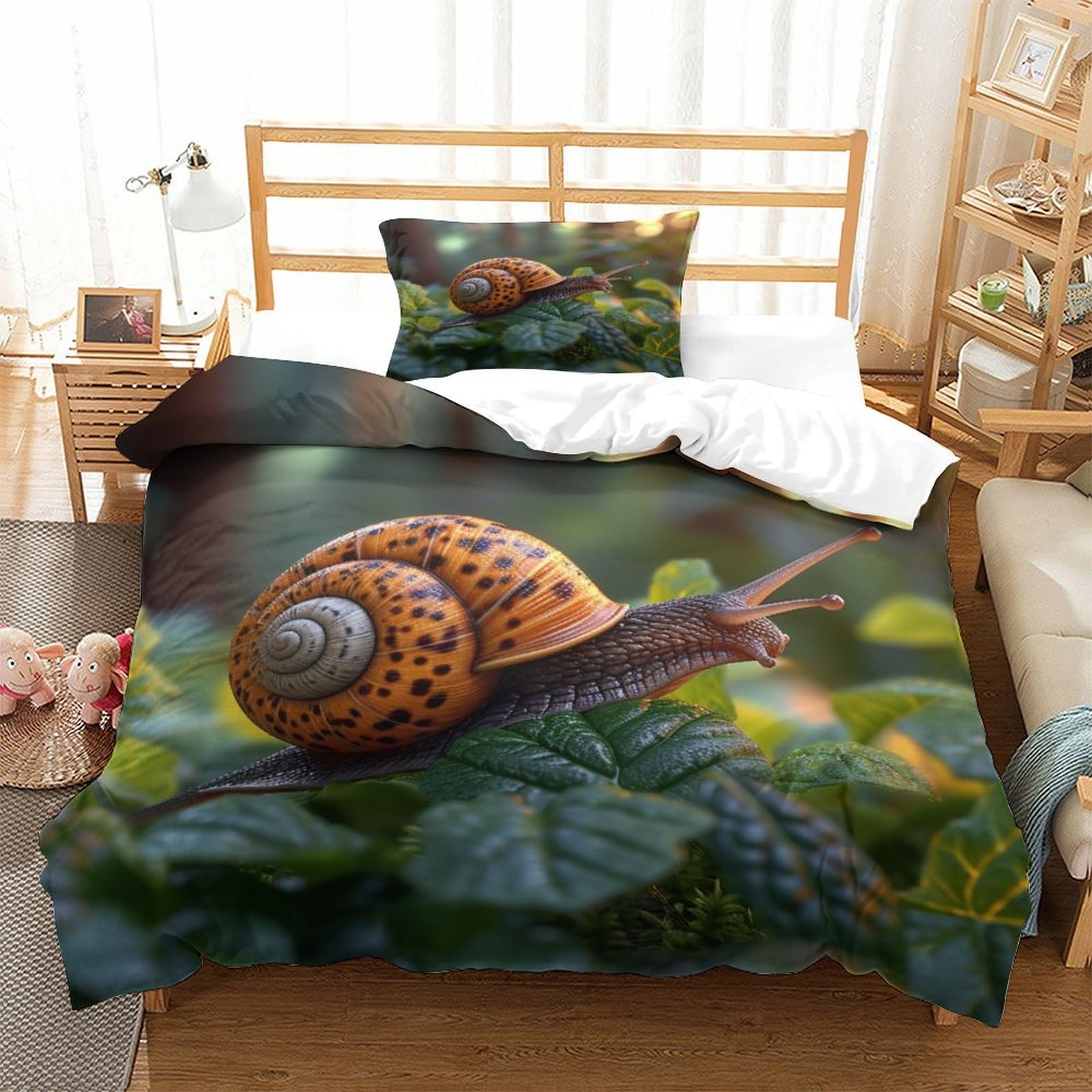 P1S9U7W5Y Green Leaf Nature 3D Printed Snail Duvet Cover Set 3pcs Soft Microfiber Animal Bedding Set Single（135x200cm）