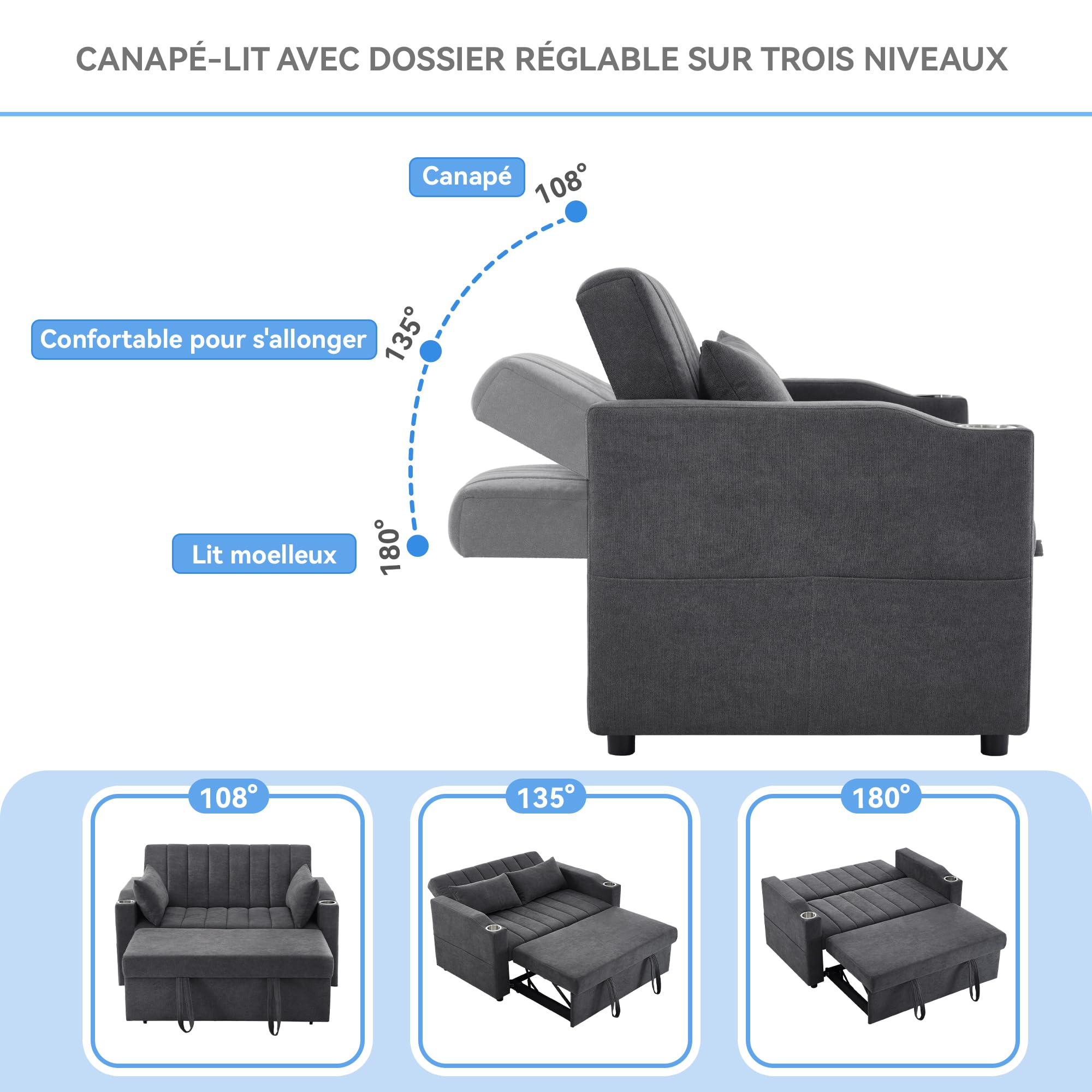 Velvet Folding Sofa Bed with Cup Holders Adjustable Back 2 Pillows and Armrest Storage 2-Seater Sofa Couch for Living Room Bedroom Small Spaces (Grey 3)