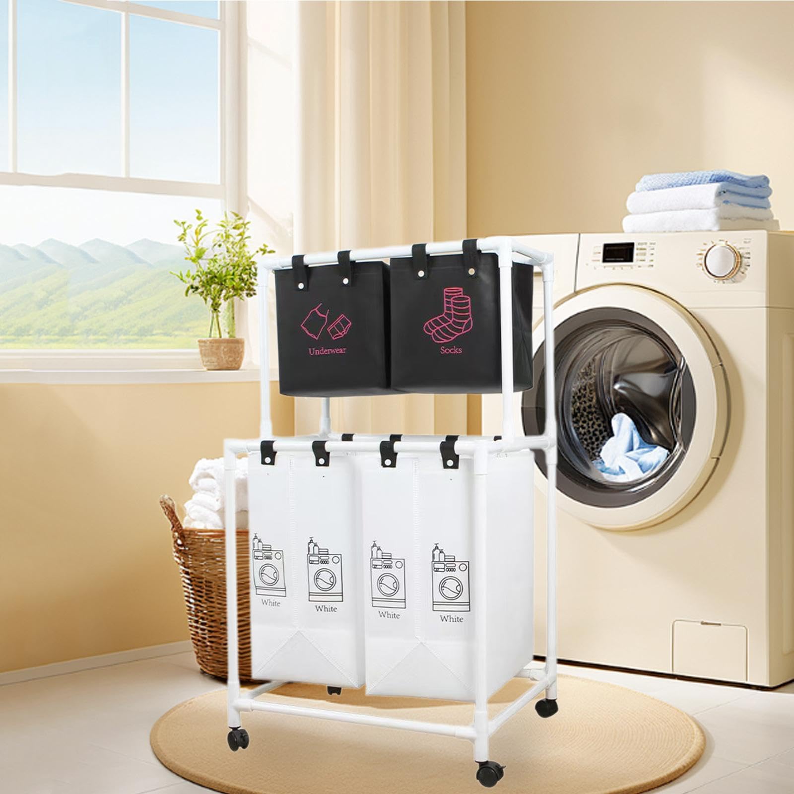Cesto de Ropa con Ruedas, Estructura de Acero, Gran Capacidad, Bolsa para Guardar Ropa Sucia, Amplia Abertura, Adecuado para Dormitorio, Lavadero, Bañ, M